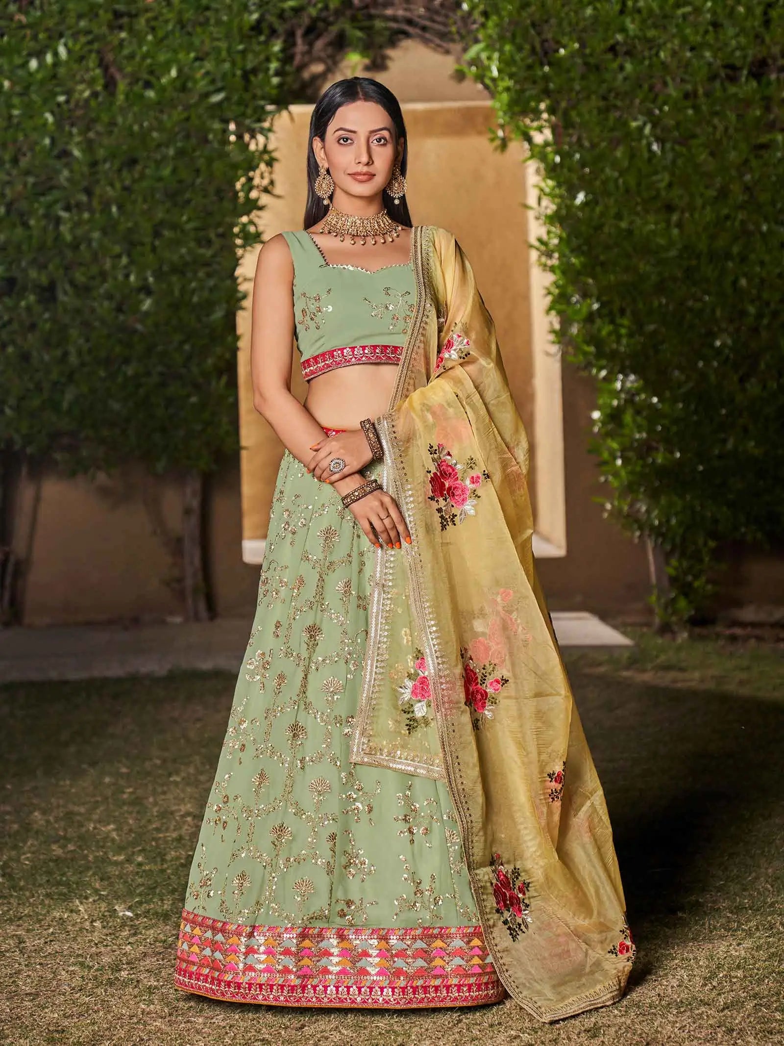 Pista Yellow Georgette Lehenga With Thread Zari Sequins Embroidery Work With Digital print | Ready To Wear - qivii
