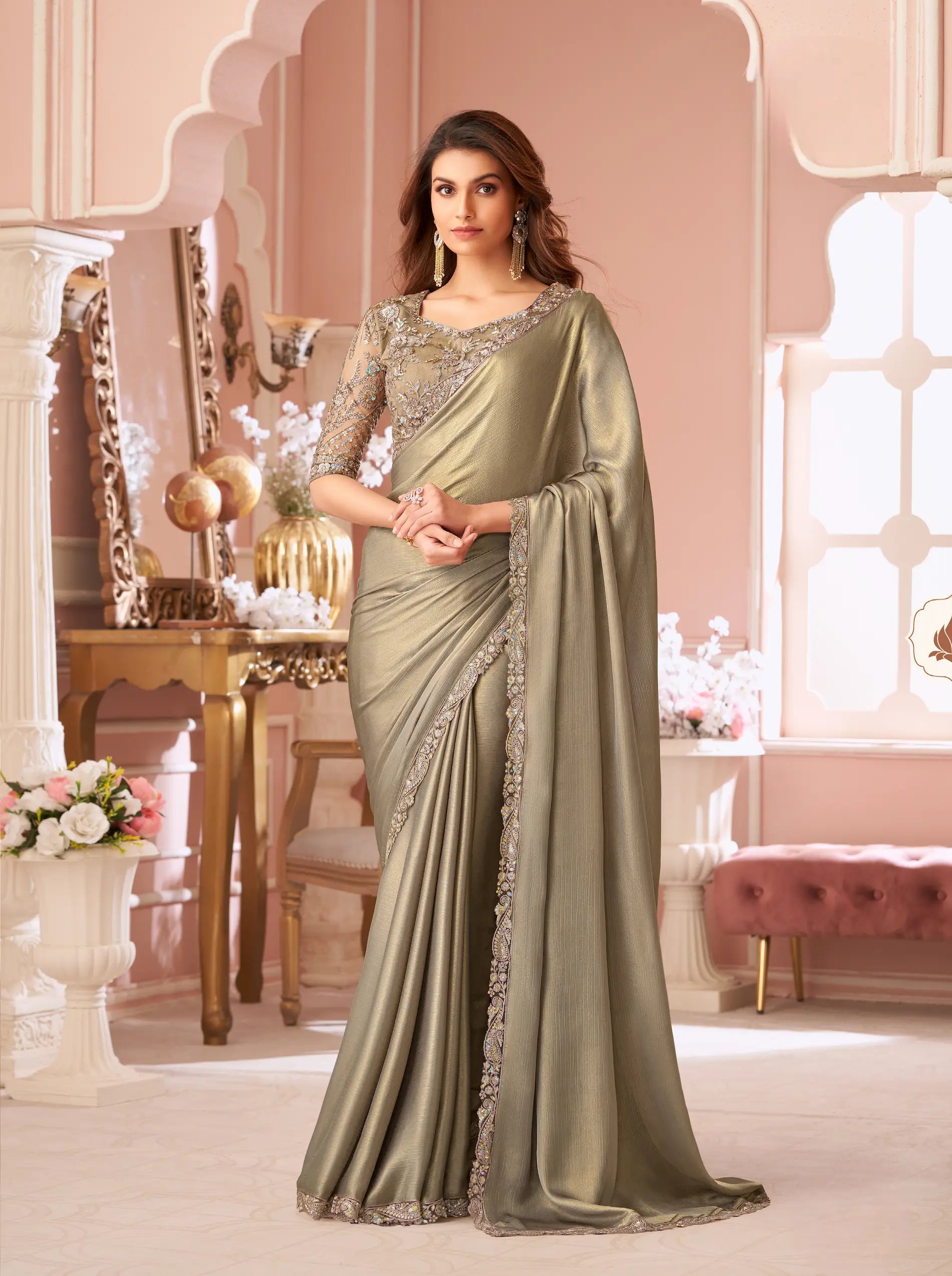 Golden Shimmer Chiffon Thread & Sequins Embroidery Work Saree - qivii
