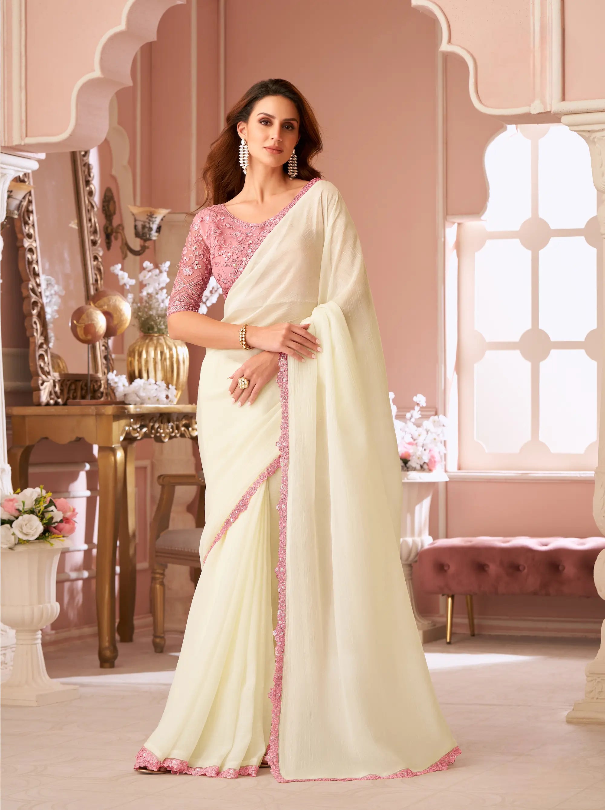 Off White Crystal Georgette Thread & Sequins Embroidery Work Saree - qivii