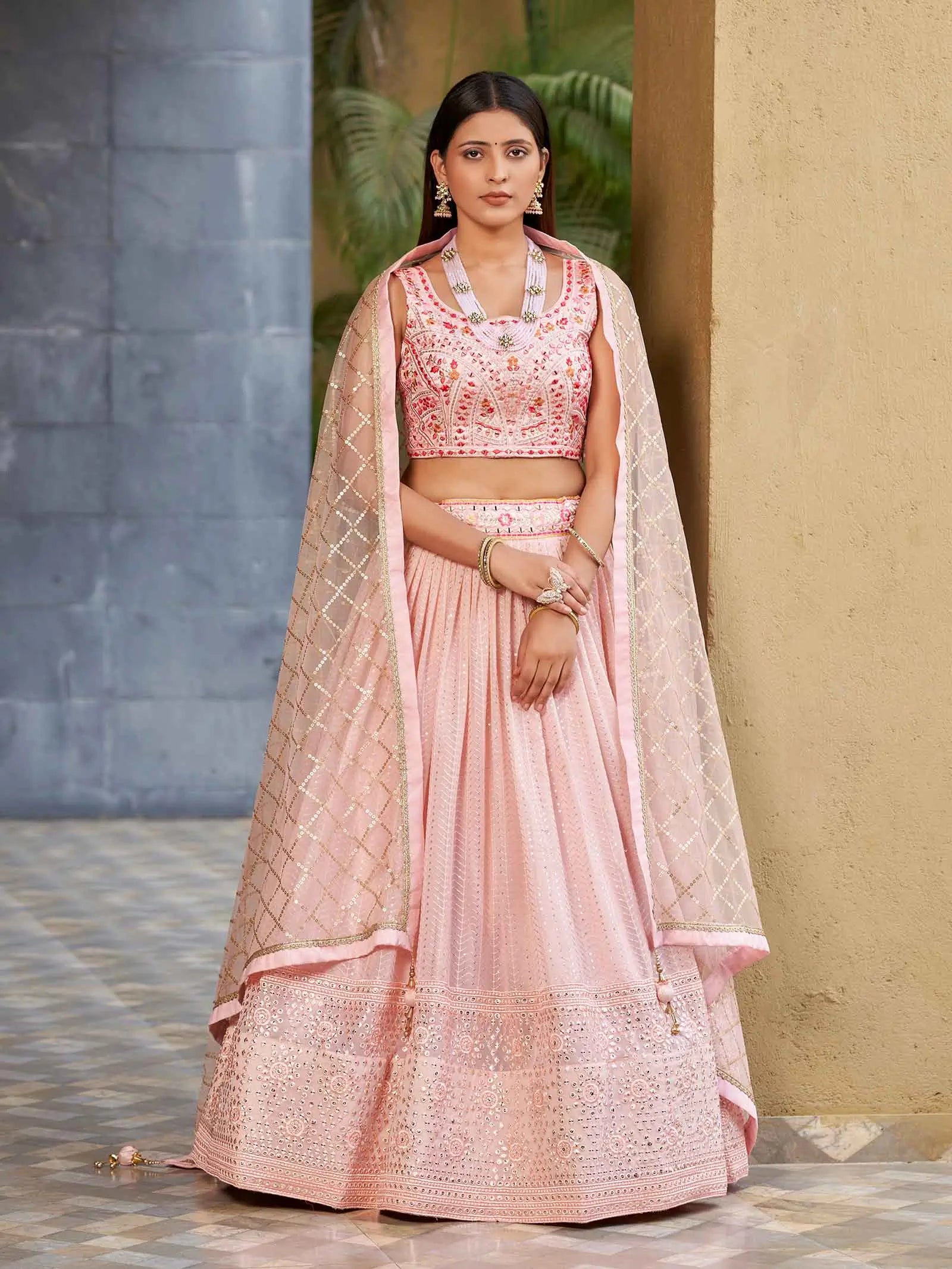 Light Pink Georgette Lehenga With Multi Color Thread And Sequins Zari Embroidery With Real Mirror Work | Ready To Wear - qivii