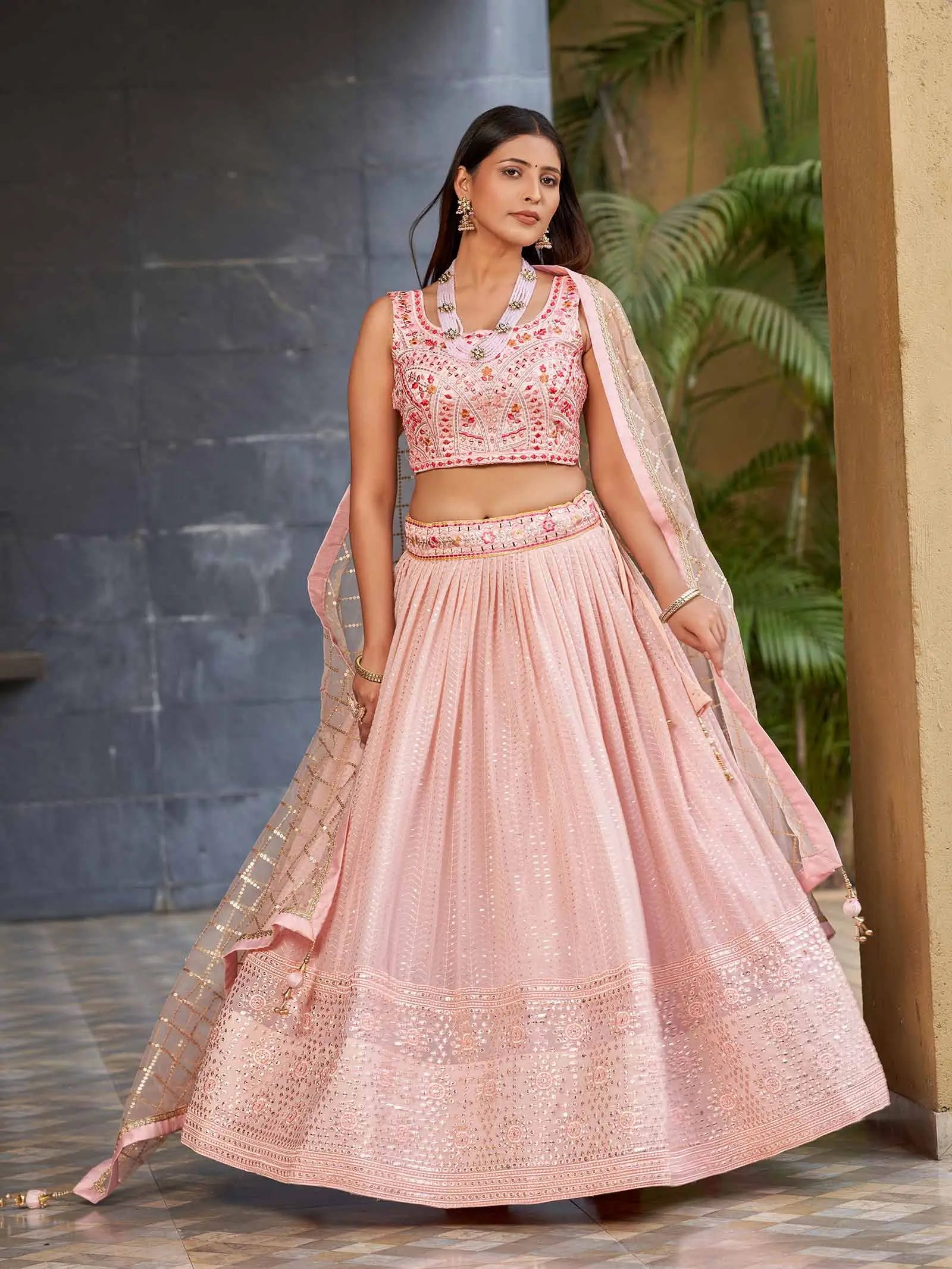 Light Pink Georgette Lehenga With Multi Color Thread And Sequins Zari Embroidery With Real Mirror Work | Ready To Wear - qivii