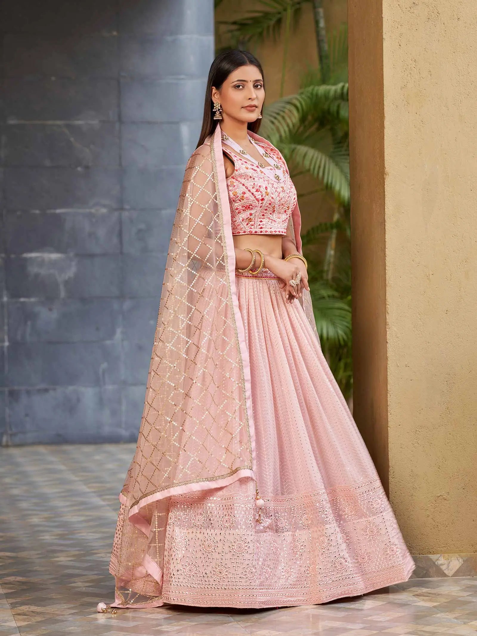 Light Pink Georgette Lehenga With Multi Color Thread And Sequins Zari Embroidery With Real Mirror Work | Ready To Wear - qivii