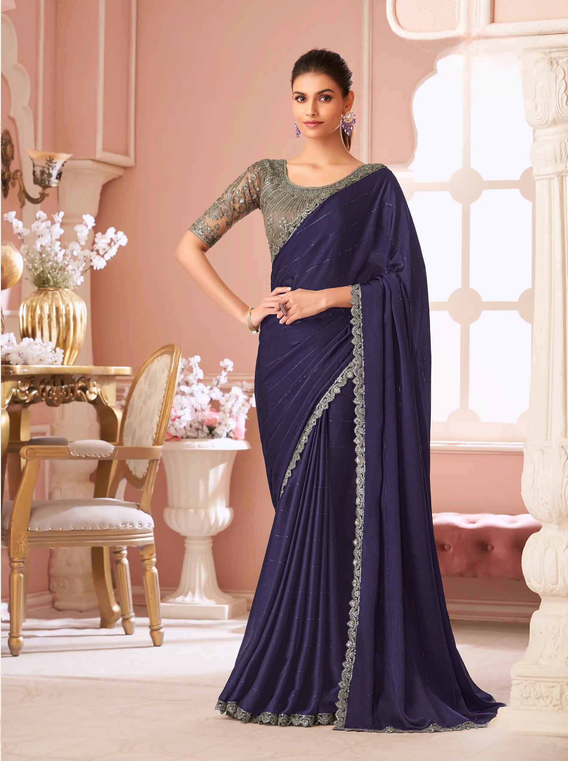 Dark Wine Pattern Georgette Thread & Sequins Embroidery Work Saree - qivii