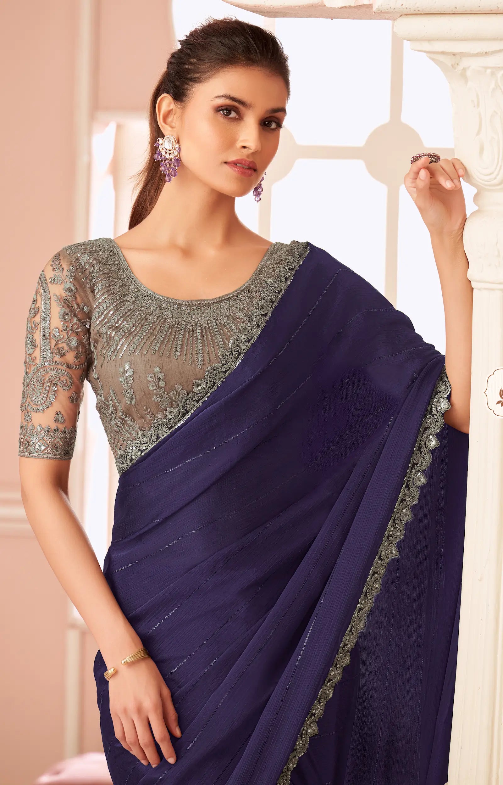 Dark Wine Pattern Georgette Thread & Sequins Embroidery Work Saree - qivii