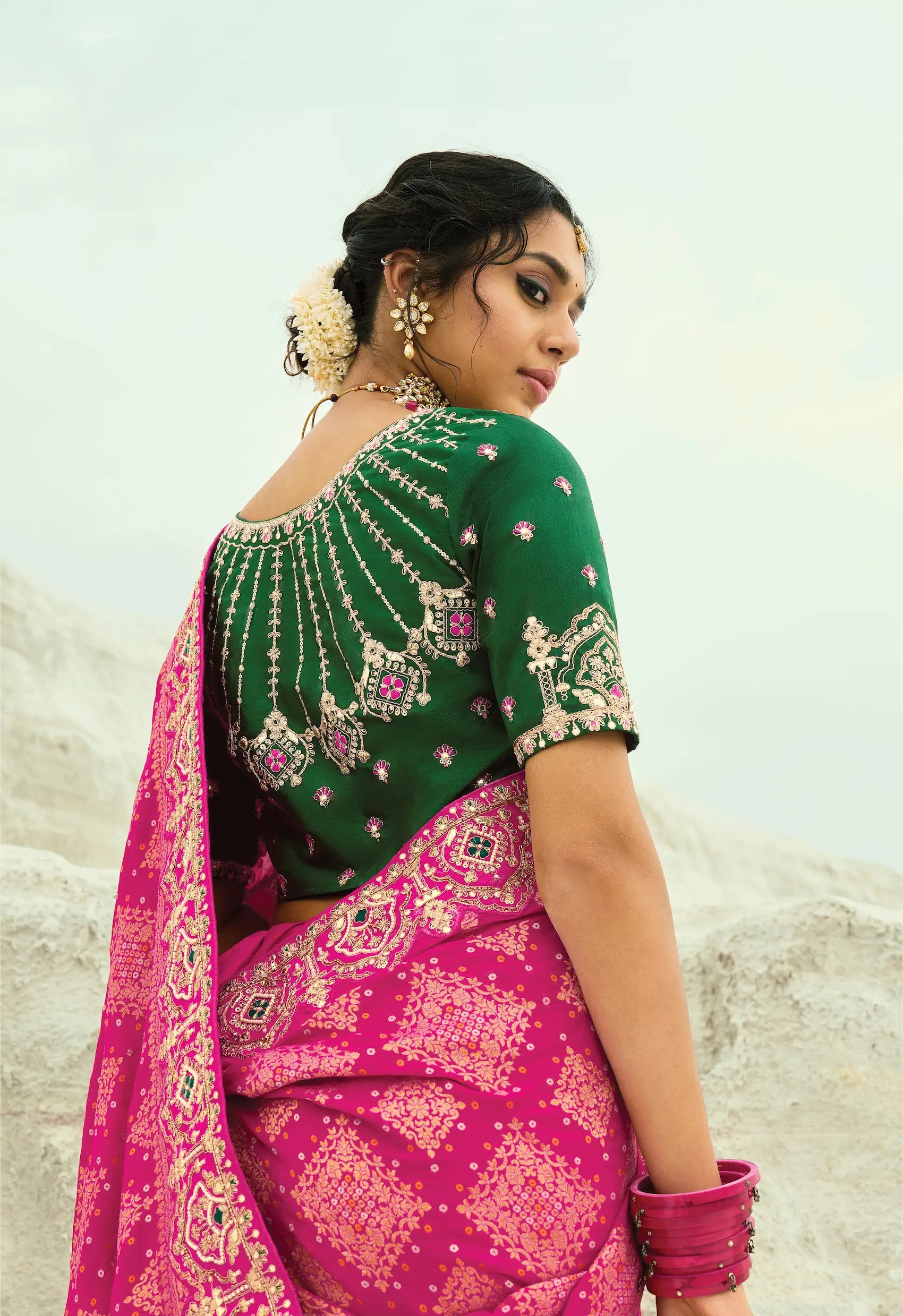 Dark Pink Georgette Heavy Embroidered Bandhej Saree - qivii