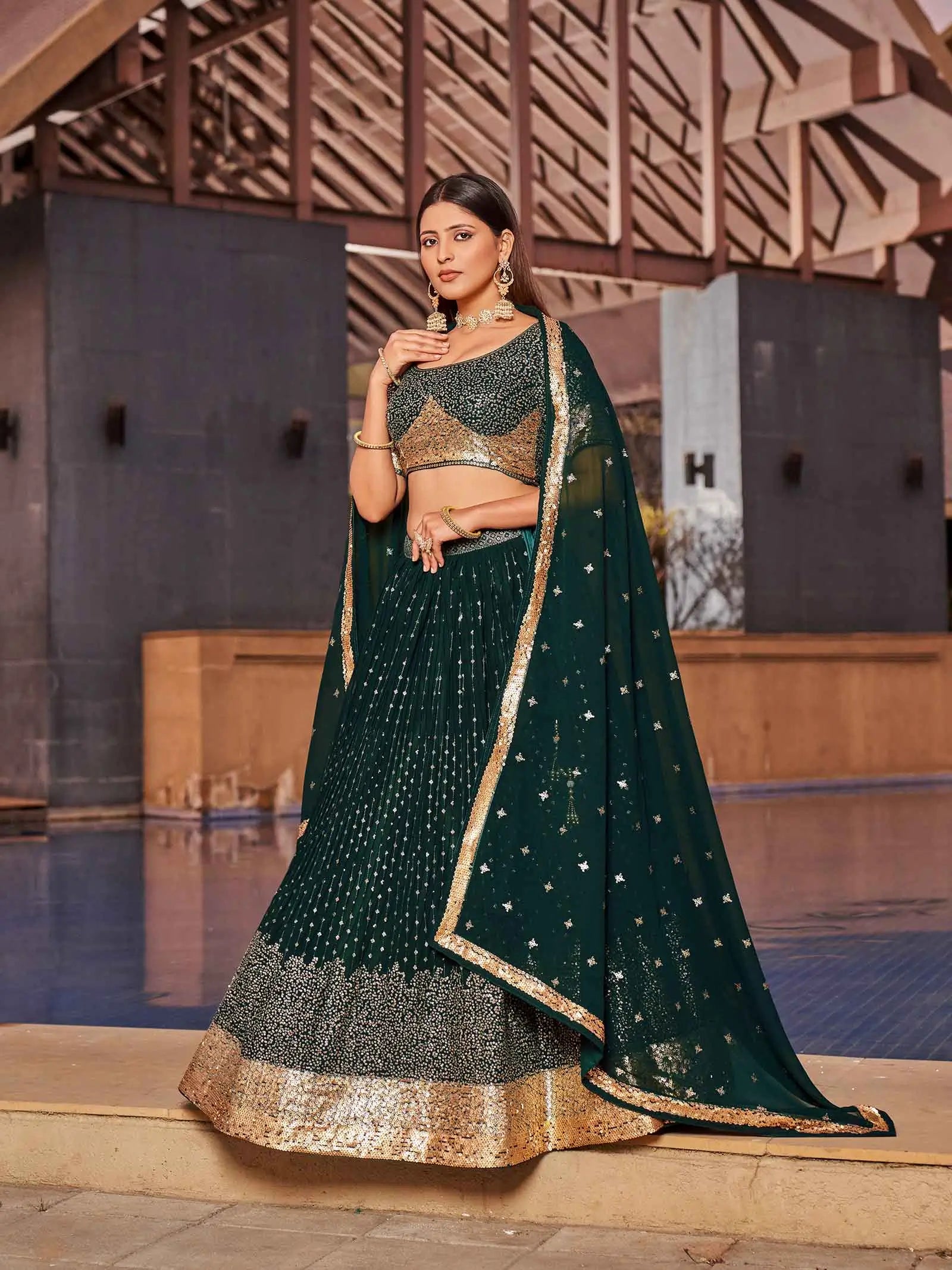 Green Georgette Lehenga With Multiple Sequins And Thread Embroidery Work | Ready To Wear - qivii