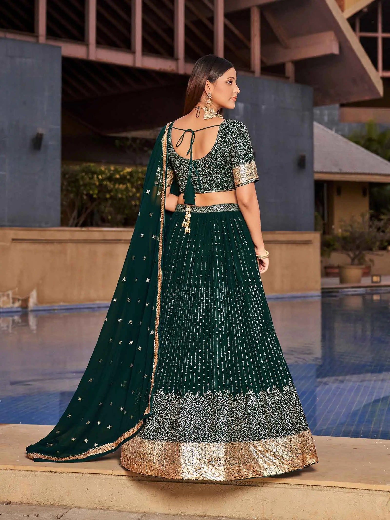 Green Georgette Lehenga With Multiple Sequins And Thread Embroidery Work | Ready To Wear - qivii
