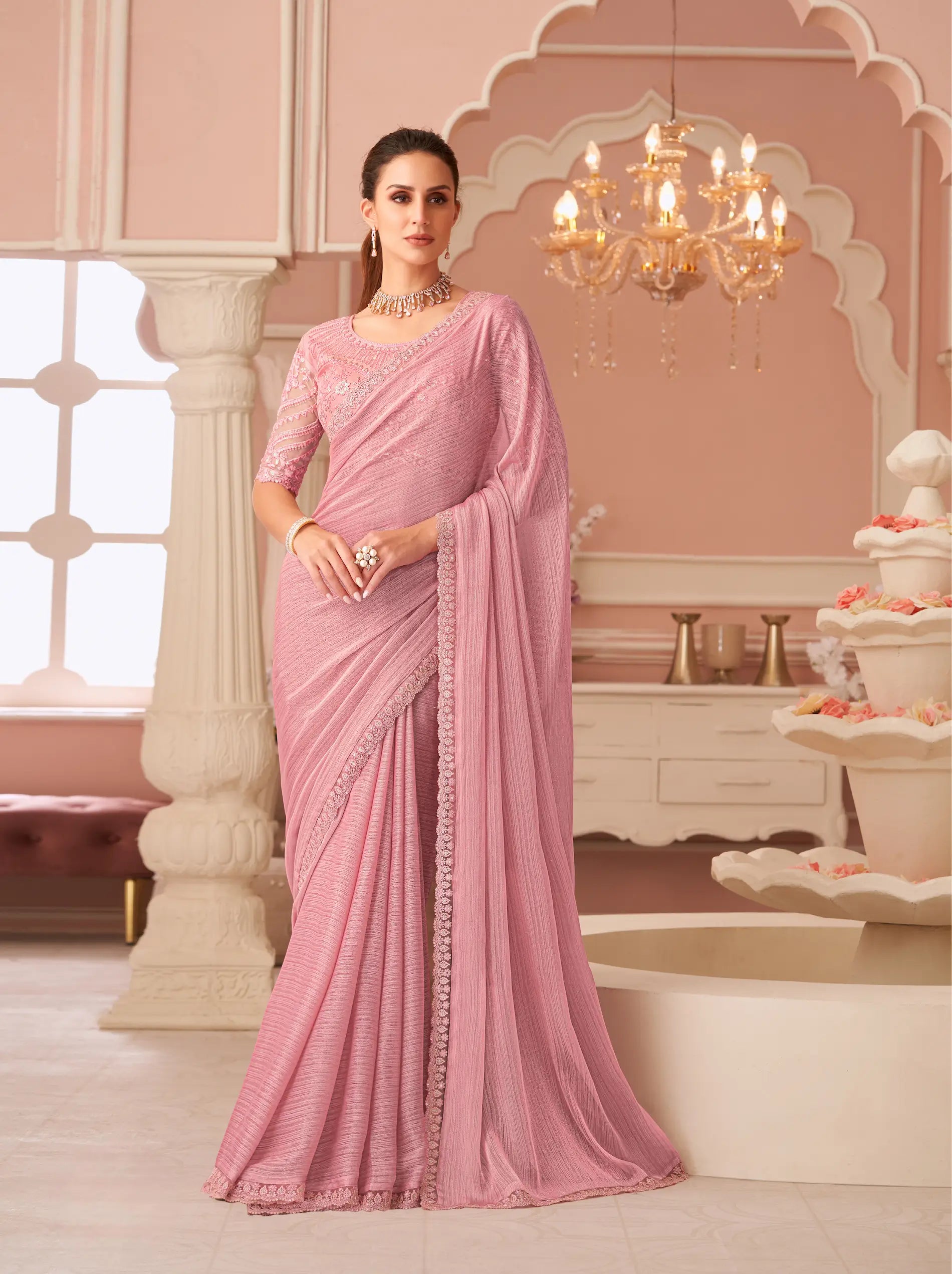 Light Pink Golden Pattern Georgette Thread & Sequins Embroidery Work Saree - qivii