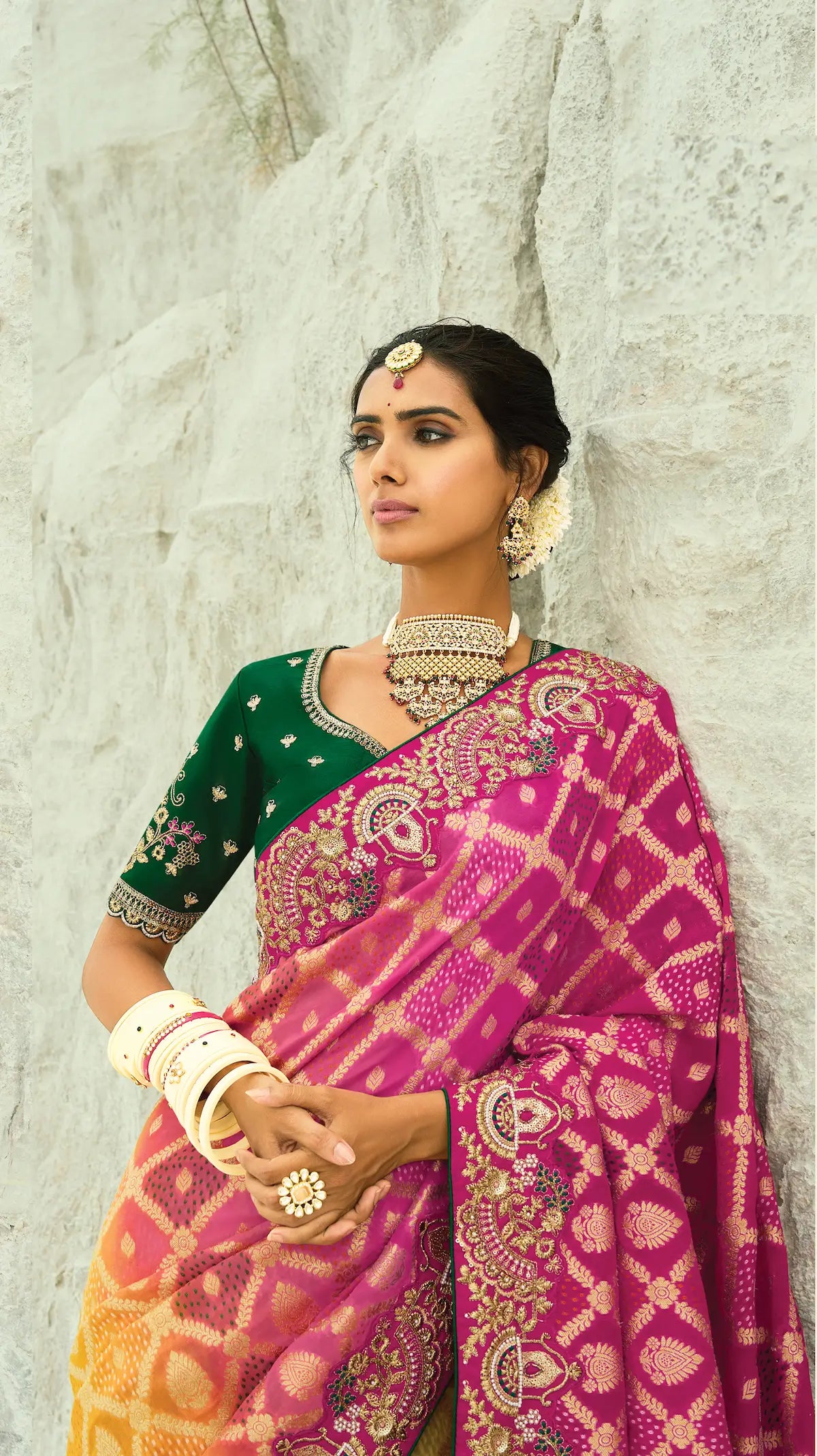 Pink-Yelllow Georgette Heavy Embroidered Bandhej Saree - qivii