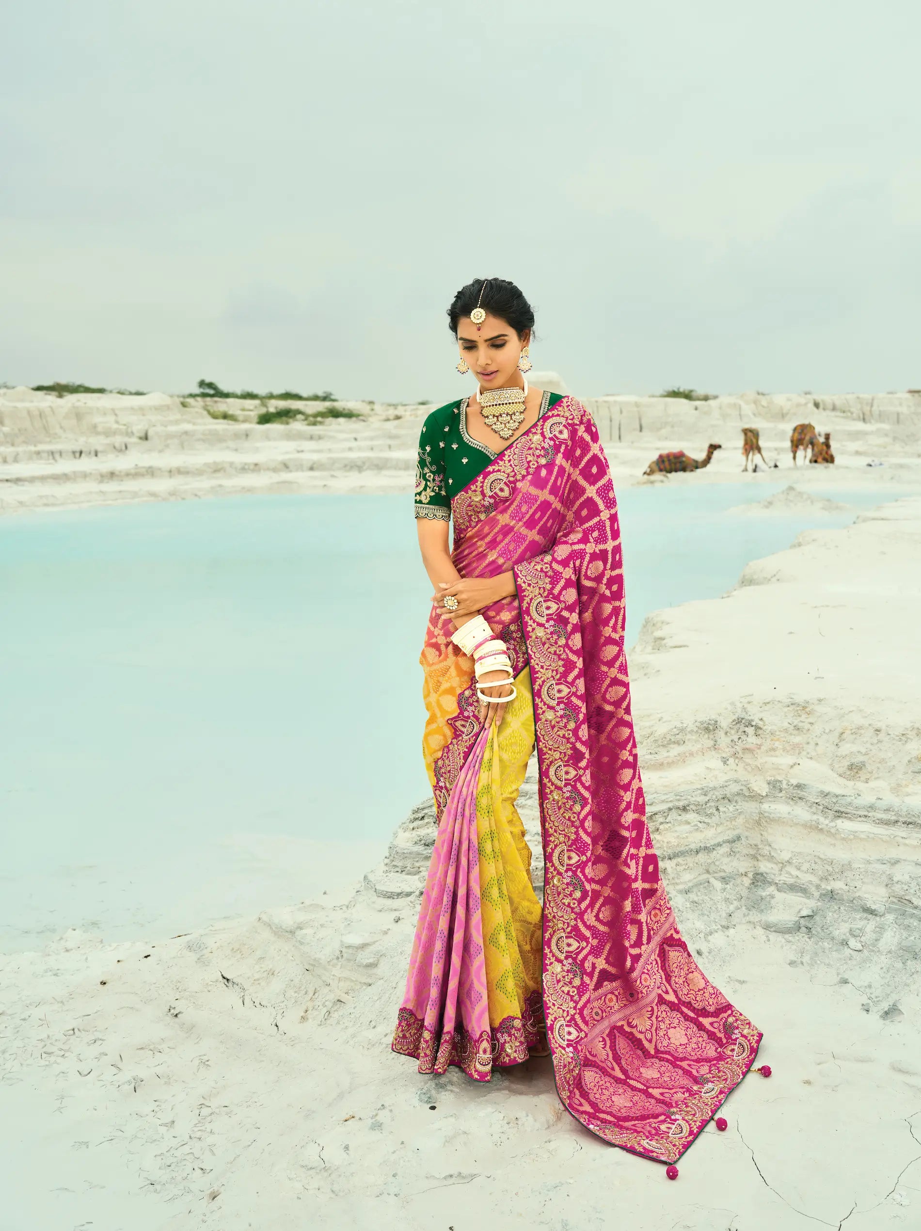 Pink-Yelllow Georgette Heavy Embroidered Bandhej Saree - qivii