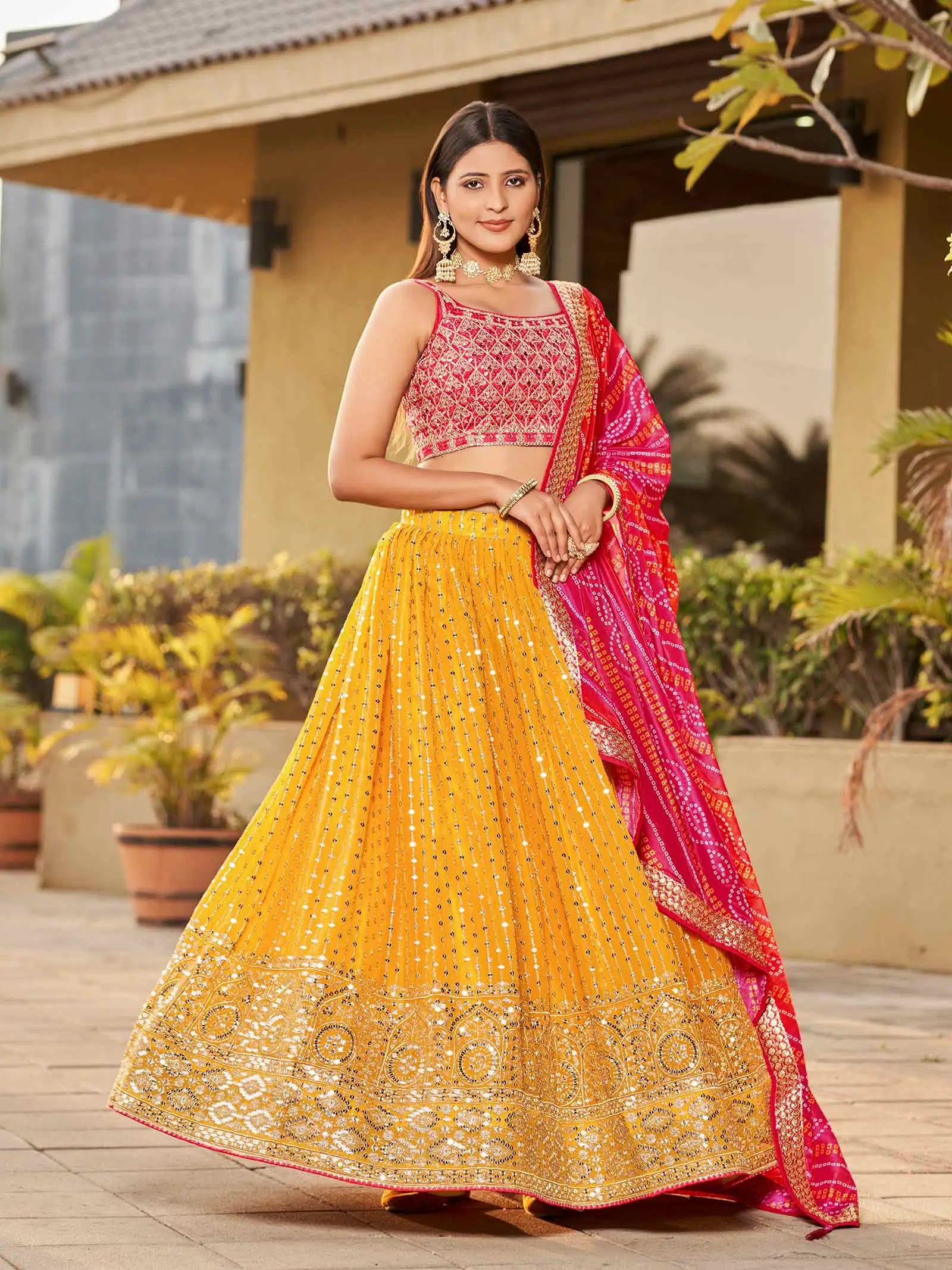 Yellow Pink Georgette Lehenga With Zari Dori And Sequins Embroidery With Real Mirror Work - qivii