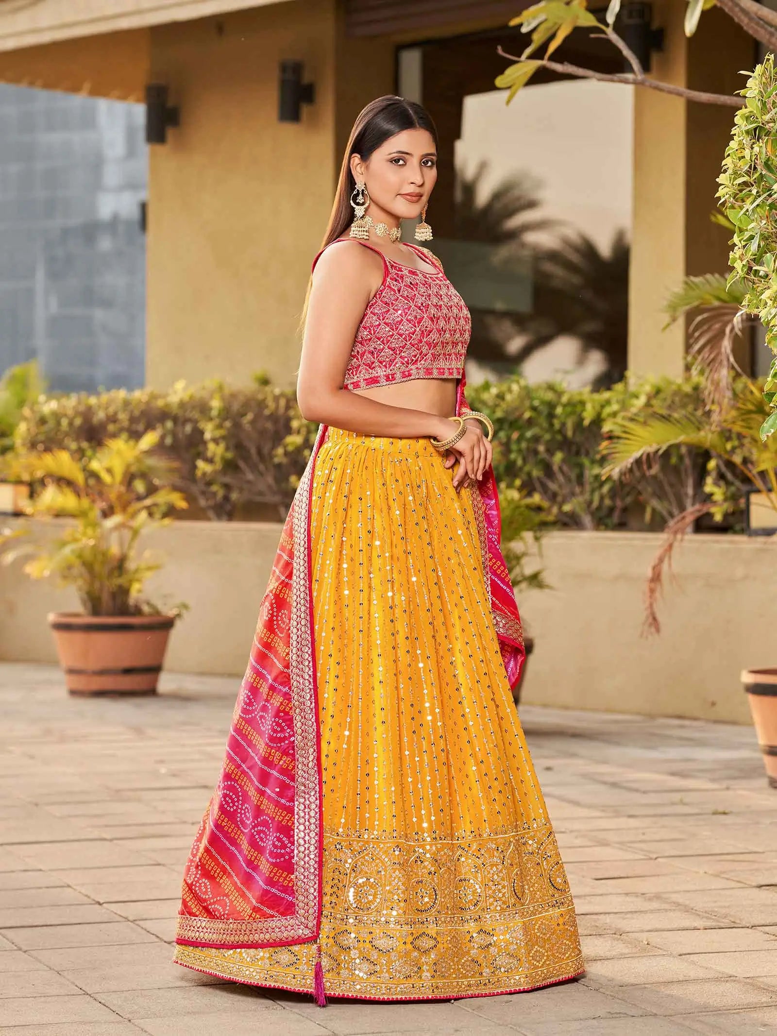 Yellow Pink Georgette Lehenga With Zari Dori And Sequins Embroidery With Real Mirror Work - qivii