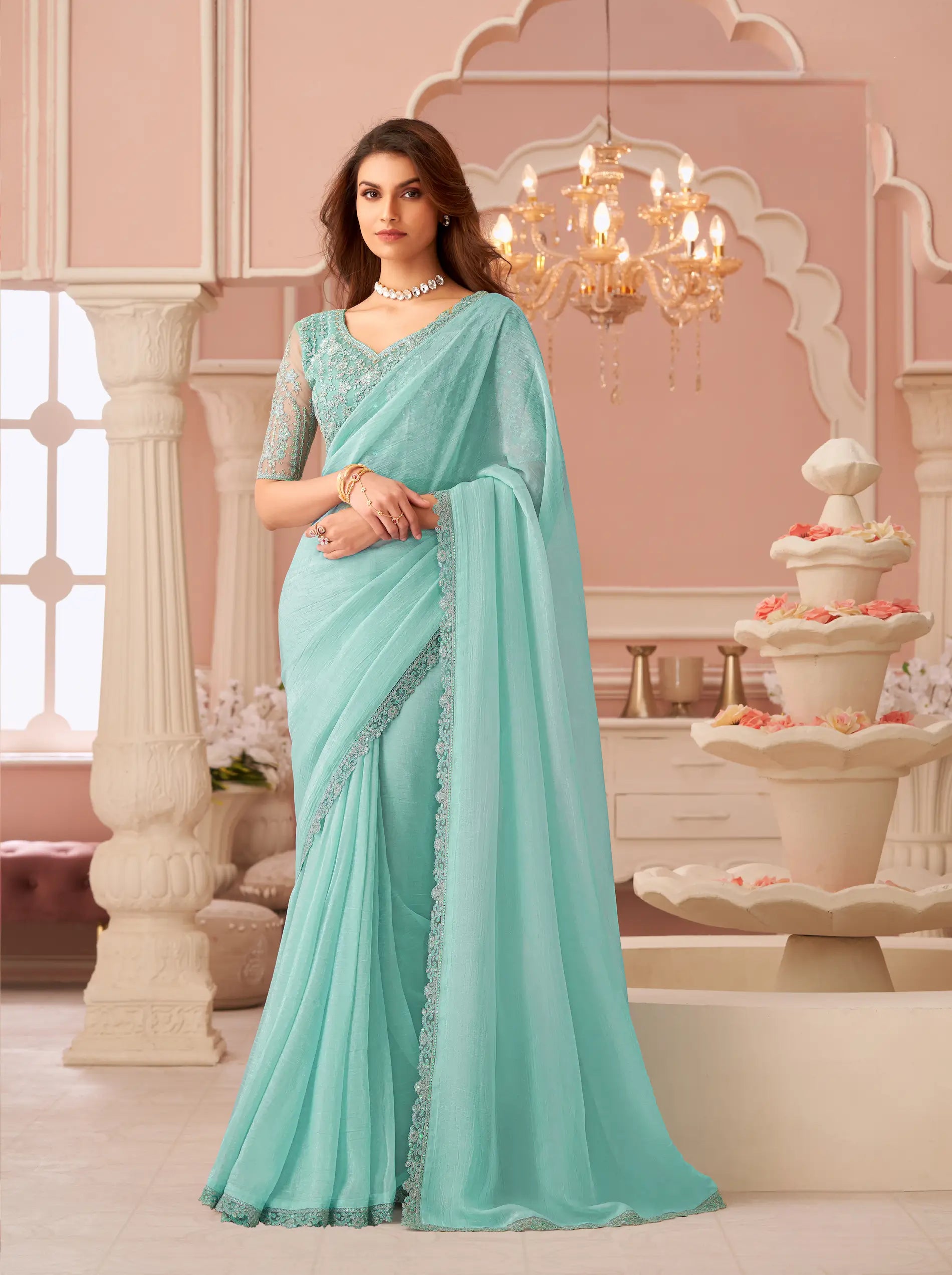 Sky Blue Sunshine Georgette Thread & Sequins Embroidery Work Saree - qivii