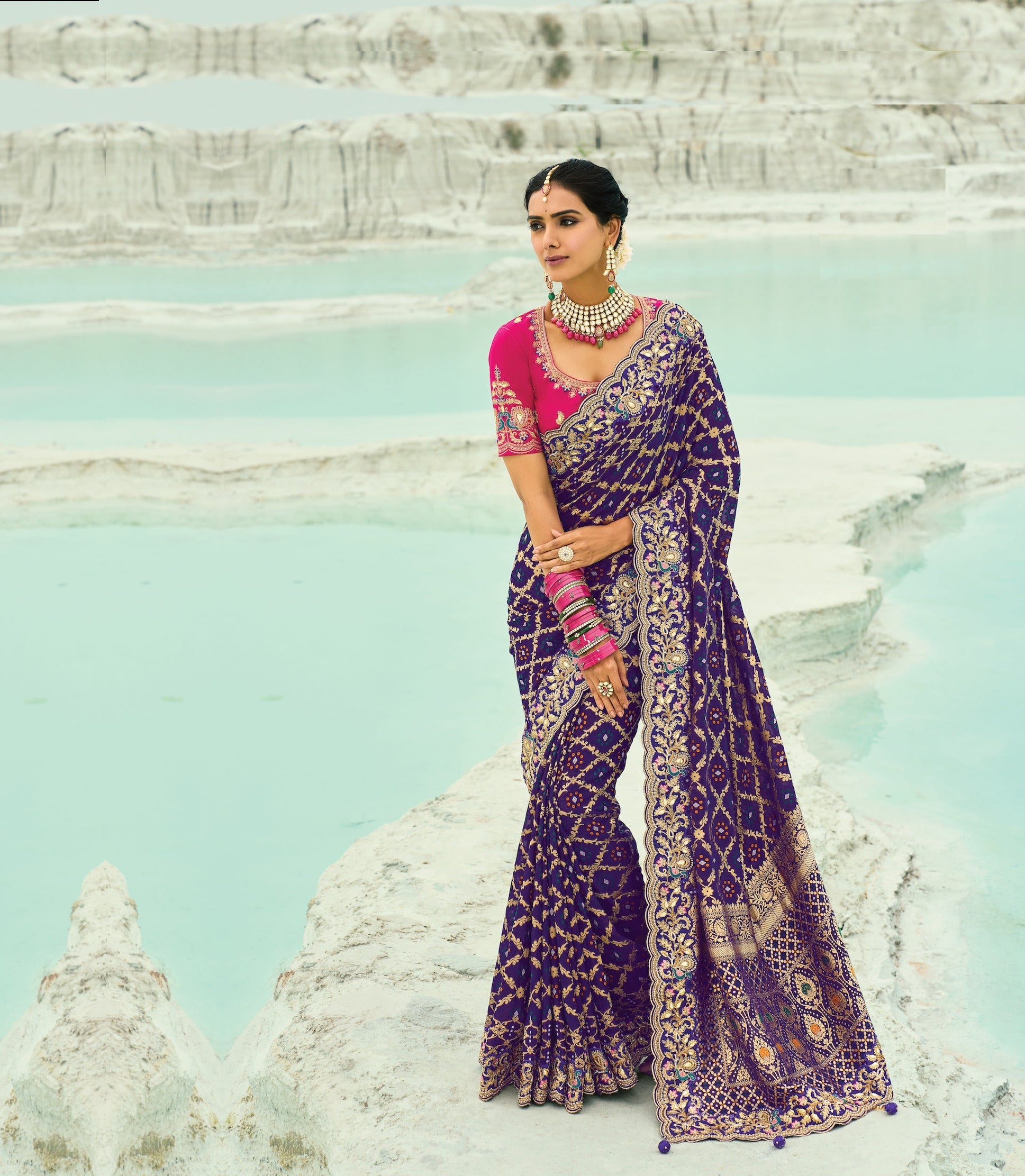 Dark Purple Georgette Heavy Embroidered Bandhej Saree - qivii