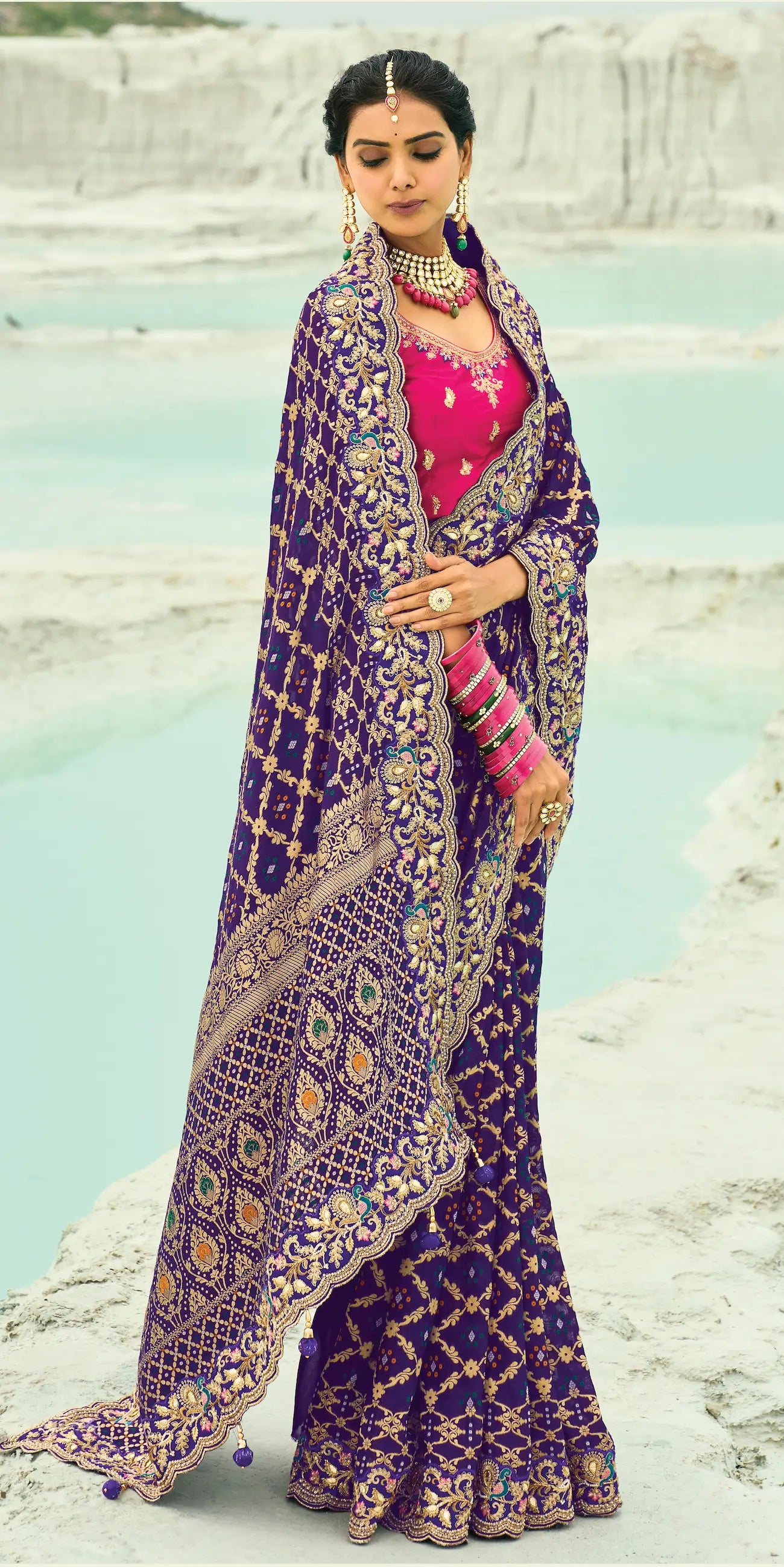 Dark Purple Georgette Heavy Embroidered Bandhej Saree - qivii