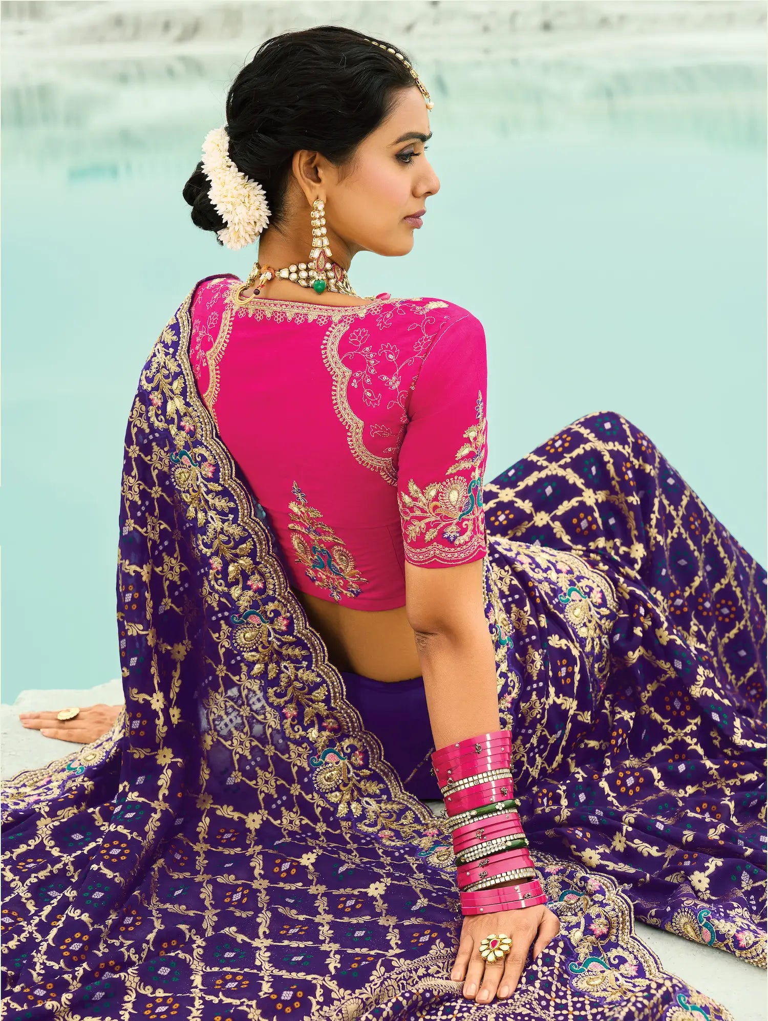 Dark Purple Georgette Heavy Embroidered Bandhej Saree - qivii