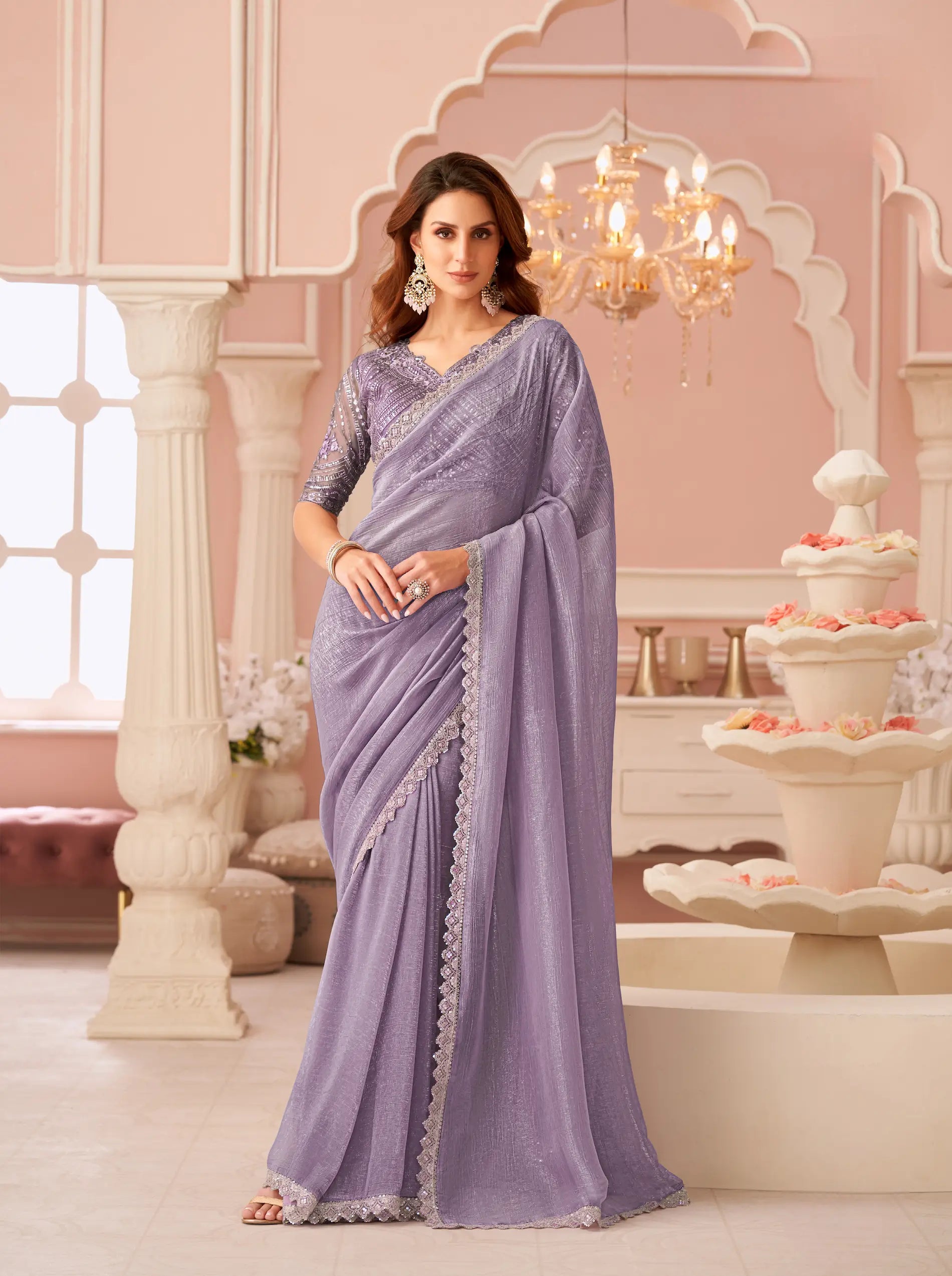 Lavender Rainbow Georgette Thread & Sequins Embroidery Work Saree - qivii