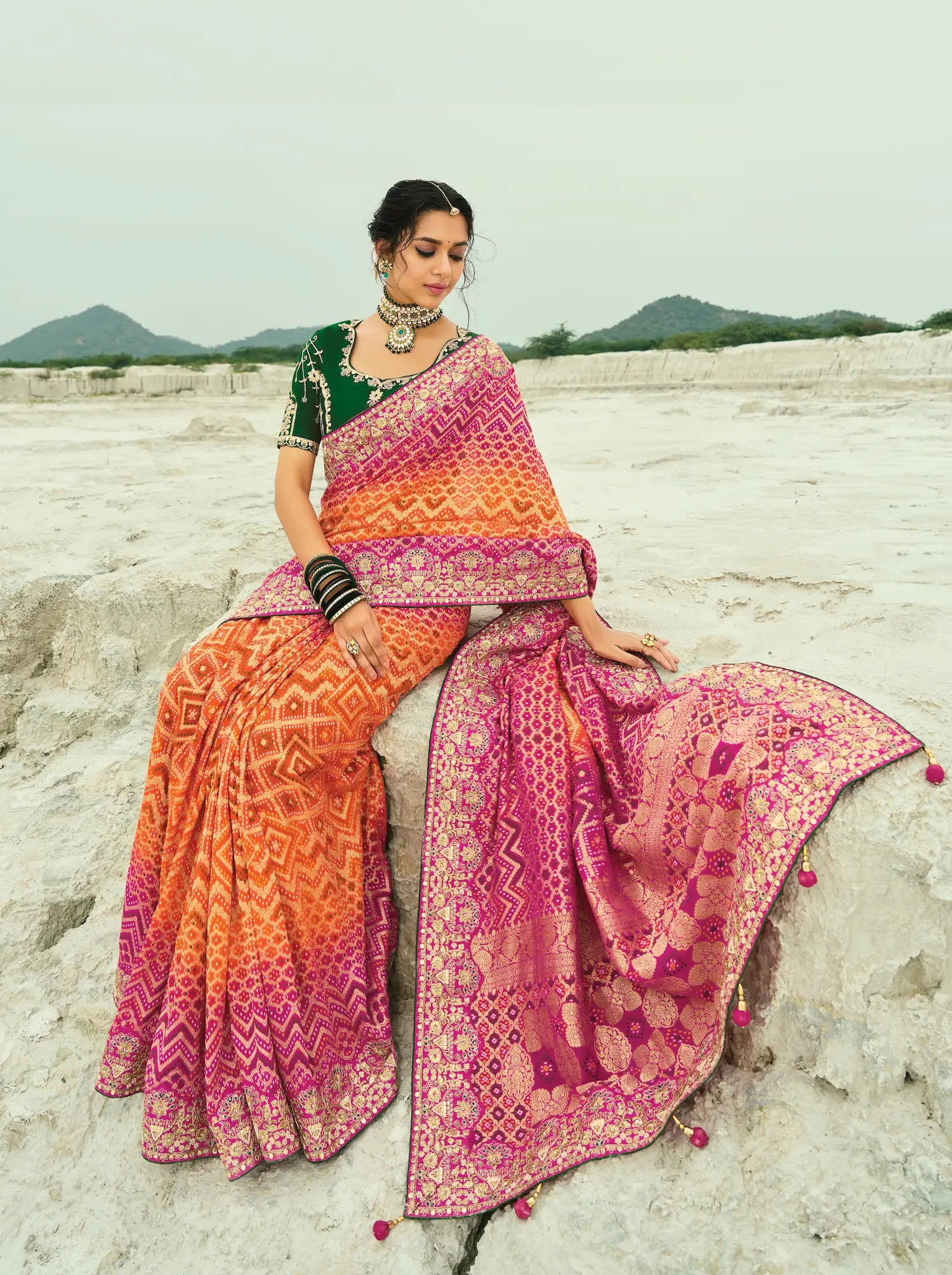 Orange-Rani pink Georgette Heavy Embroidered Bandhej Saree - qivii