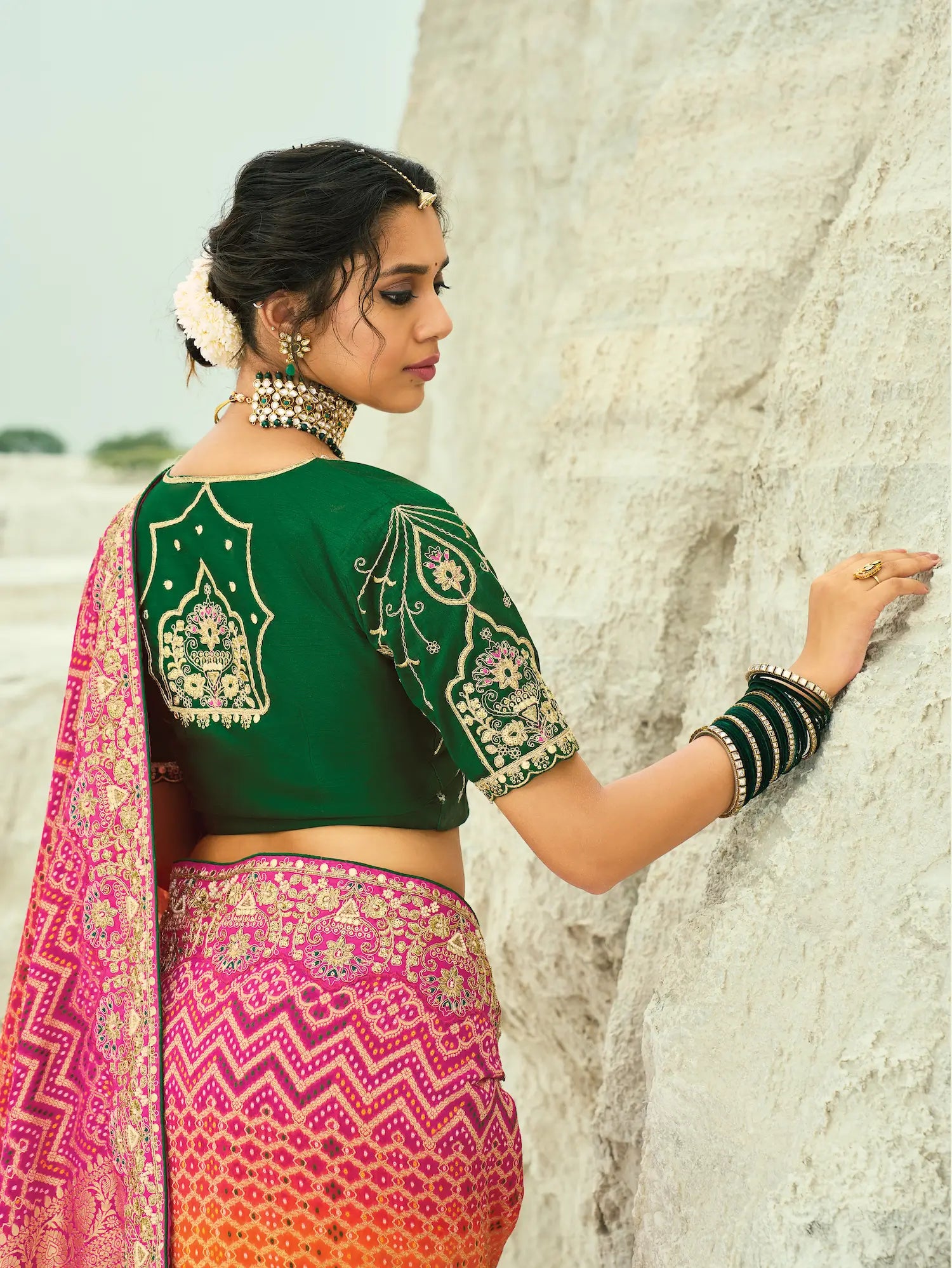 Orange-Rani pink Georgette Heavy Embroidered Bandhej Saree - qivii