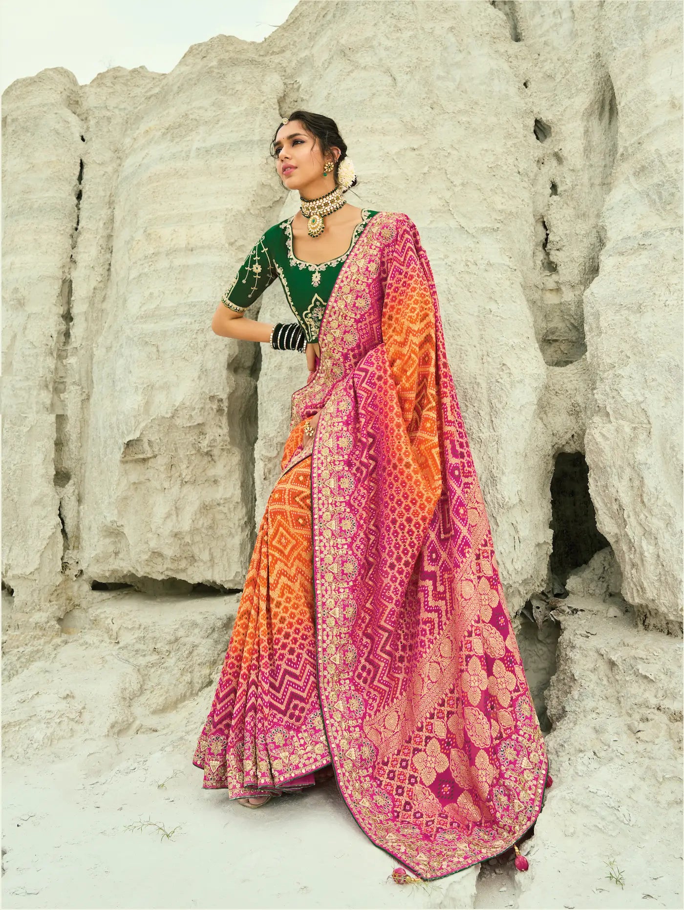 Orange-Rani pink Georgette Heavy Embroidered Bandhej Saree - qivii