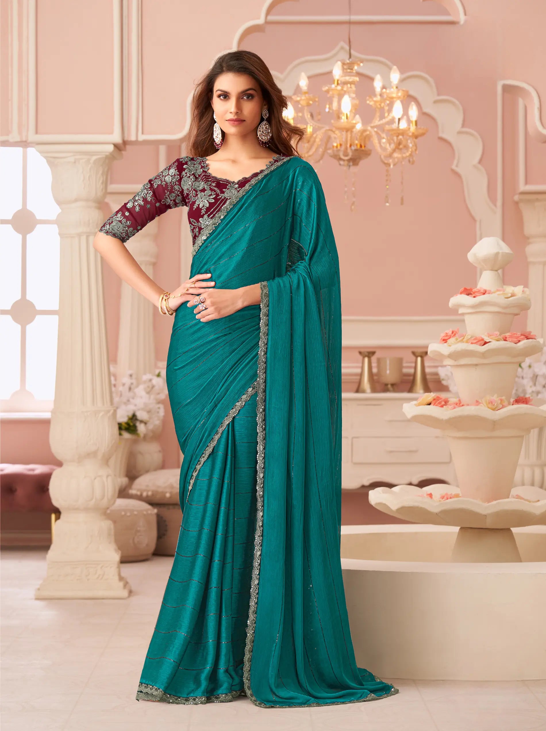 Teal Blue Golden Pattern Georgette Thread & Sequins Embroidery Work Saree - qivii