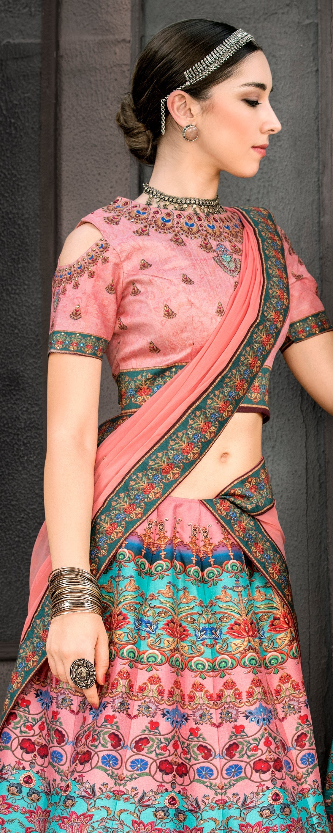 Enchanting Embellishment: Digital Print Lehenga with Intricate Embellished Work - qivii