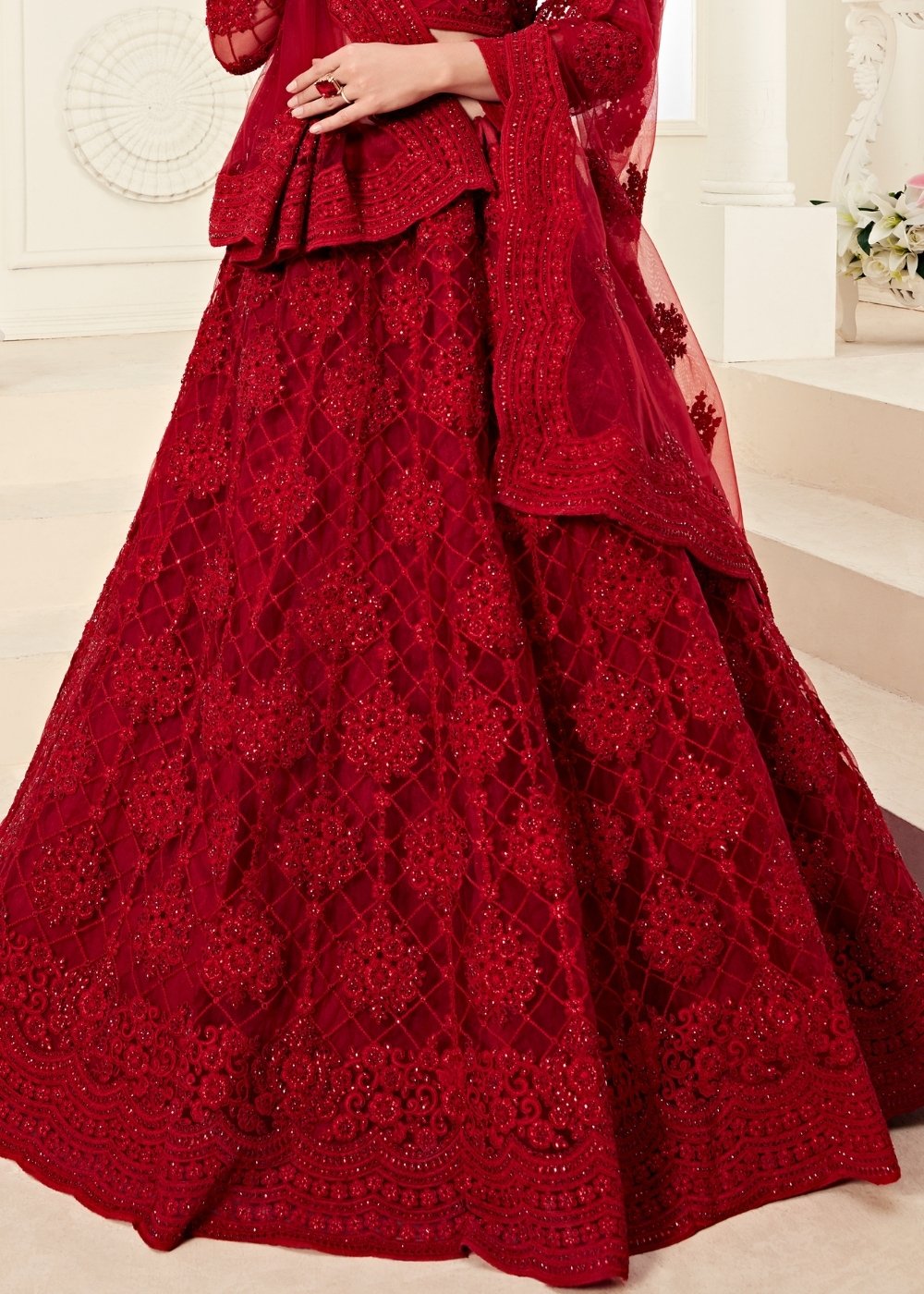 Chilli Red Soft Net Lehenga Choli with Cording Embroidery & Stonework | Ready To Wear - qivii