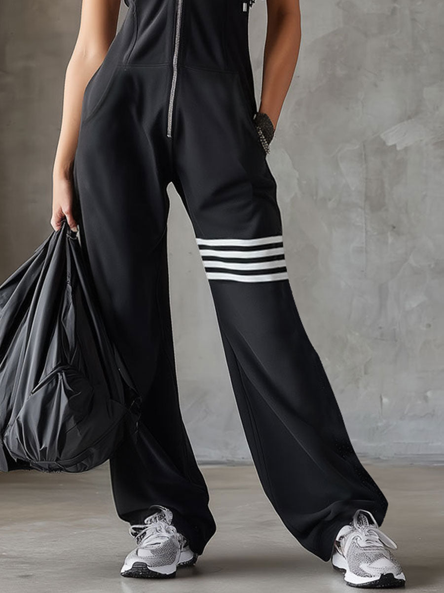 Giada | Retro Sports Jumpsuit with Hood and Stripes by Qivii
