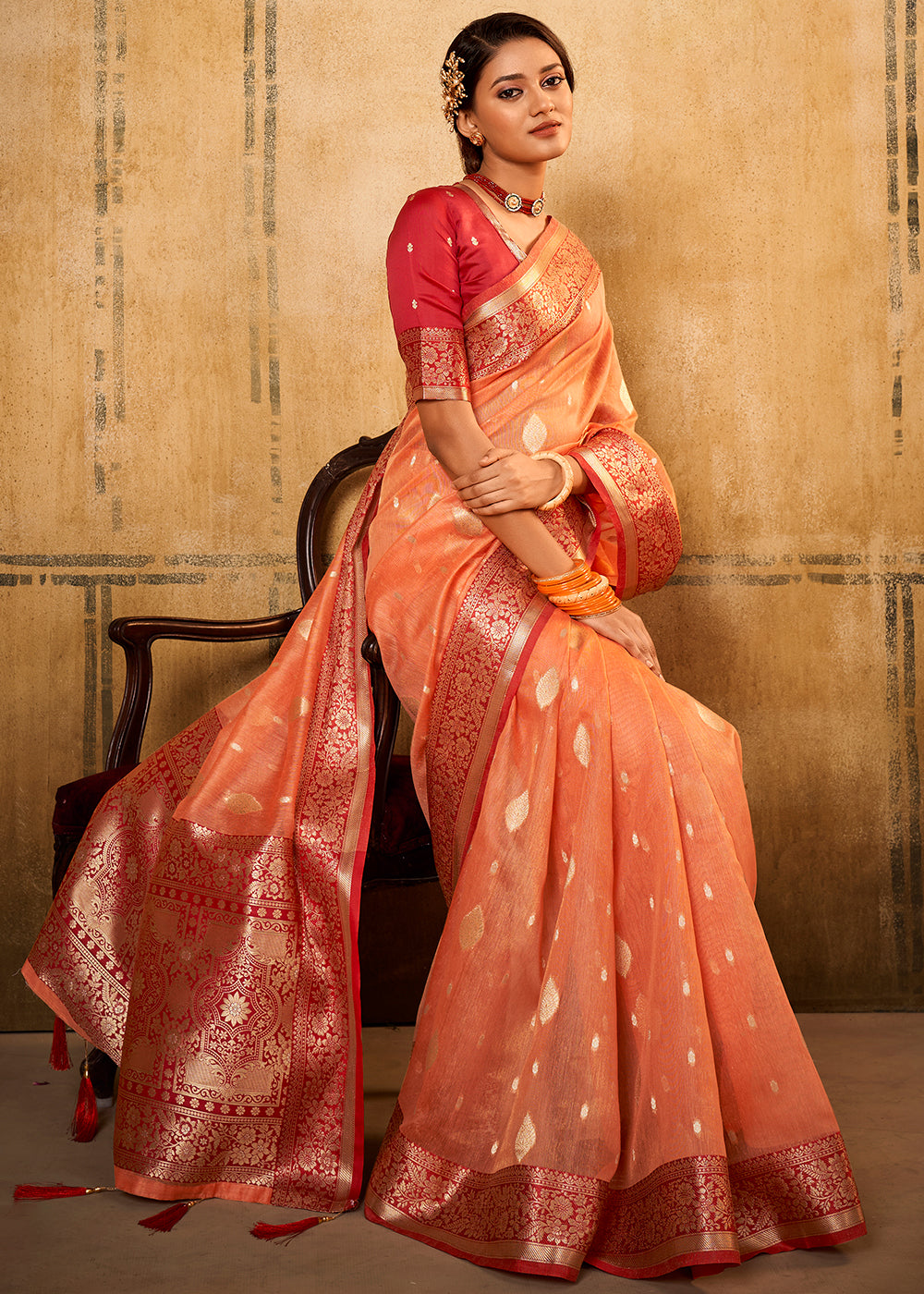 Tangerine Orange Woven Banarasi Tissue Silk Saree - qivii