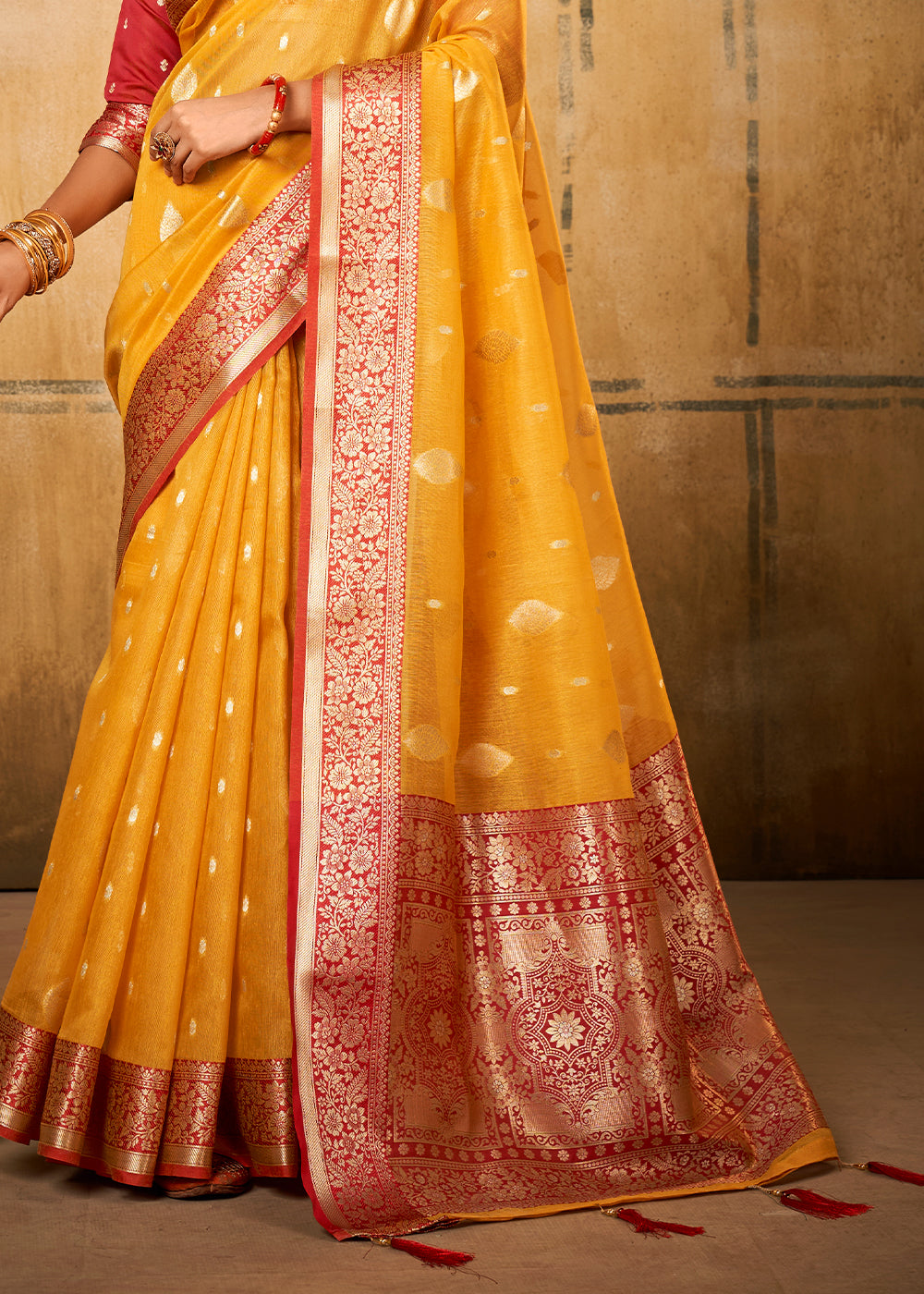 Amber Gold Yellow Woven Banarasi Tissue Silk Saree - qivii