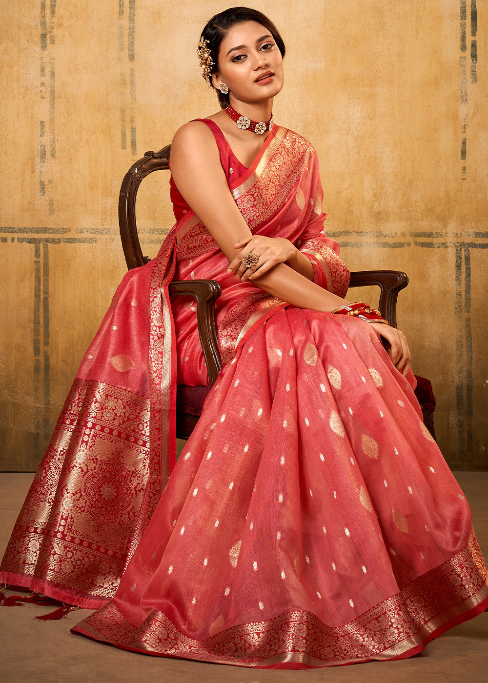 Vivid Peach Woven Banarasi Tissue Silk Saree : Top Pick - qivii