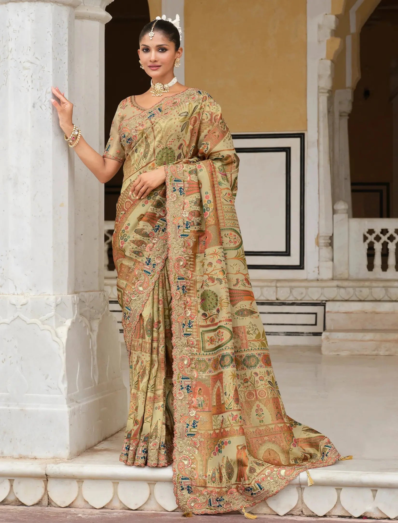 Antique Beige Heavy Embroidery Zari Silk Saree