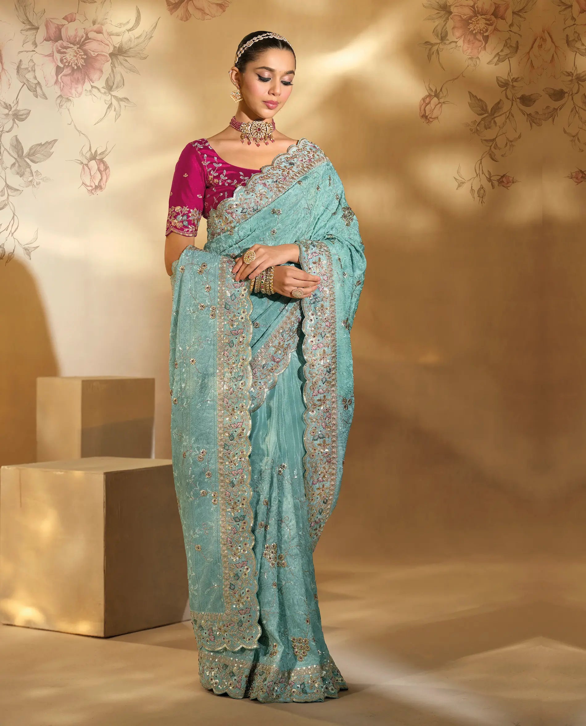 Sea Blue Silk Heavy Embroidery & Hand Work Saree - qivii