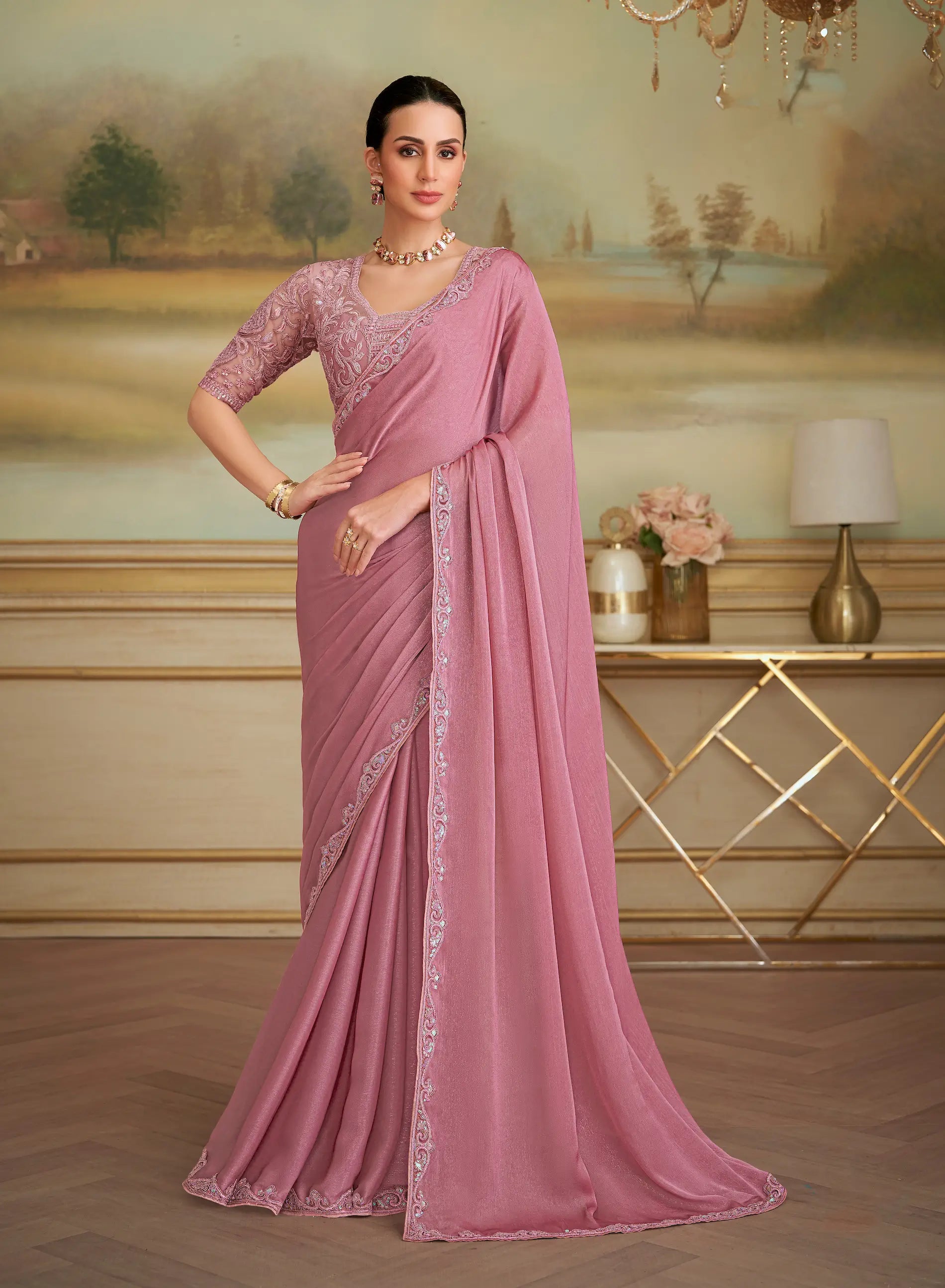 Onion Pink Sparkle Georgette Embroidery Saree