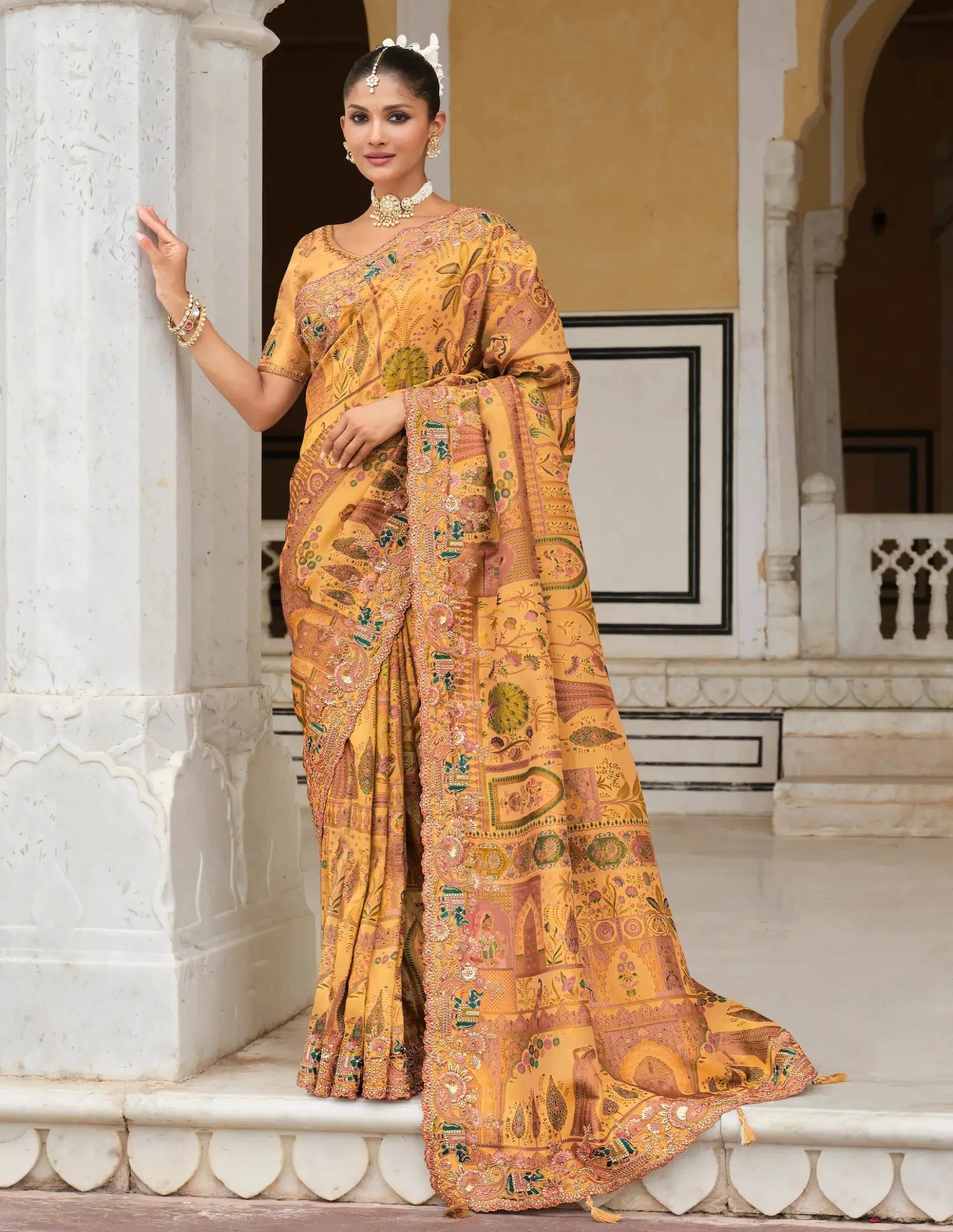 Mustard Yellow Heavy Embroidery Zari Silk Saree