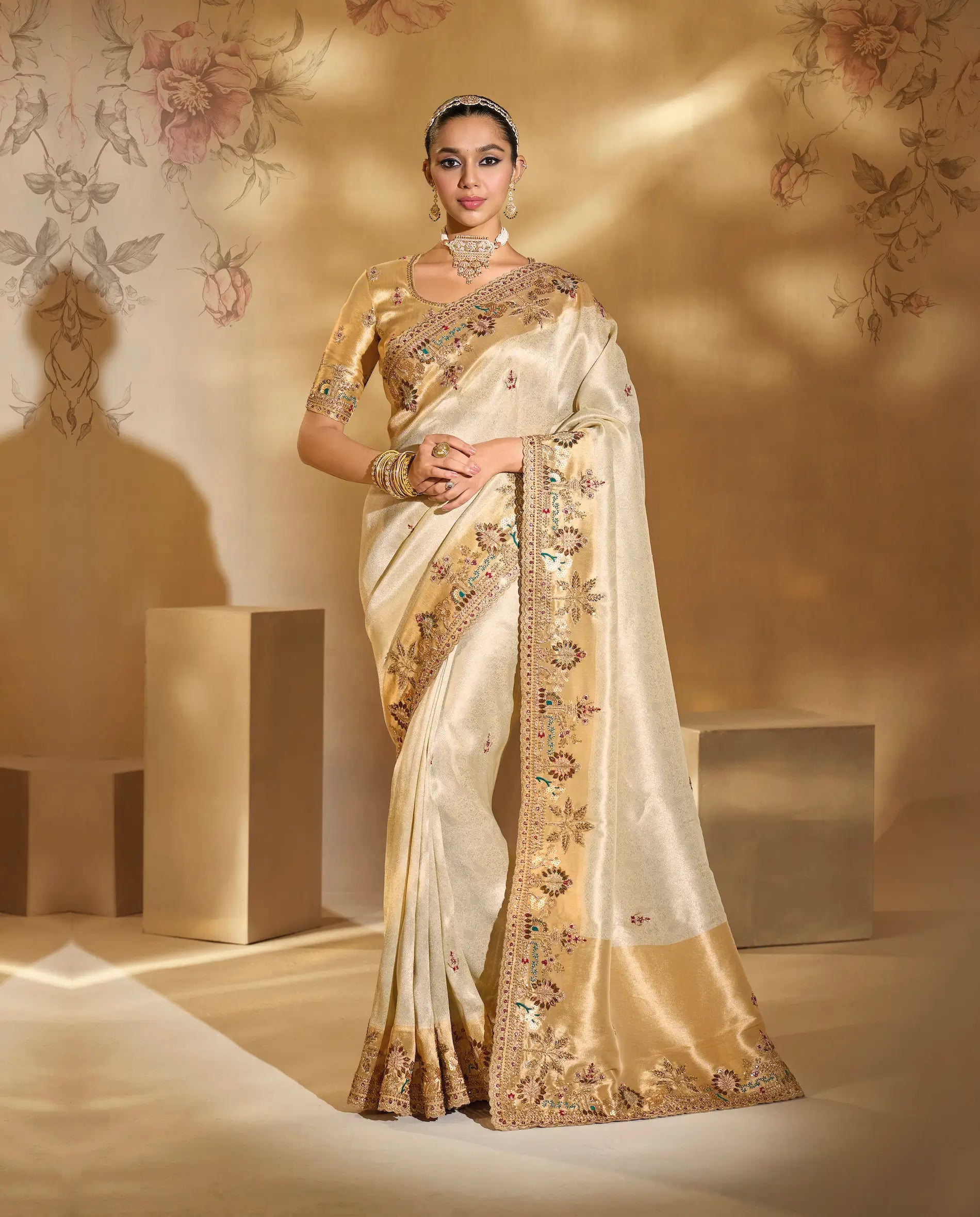 Almond Beige Silk Heavy Embroidery & Hand Work Saree - qivii