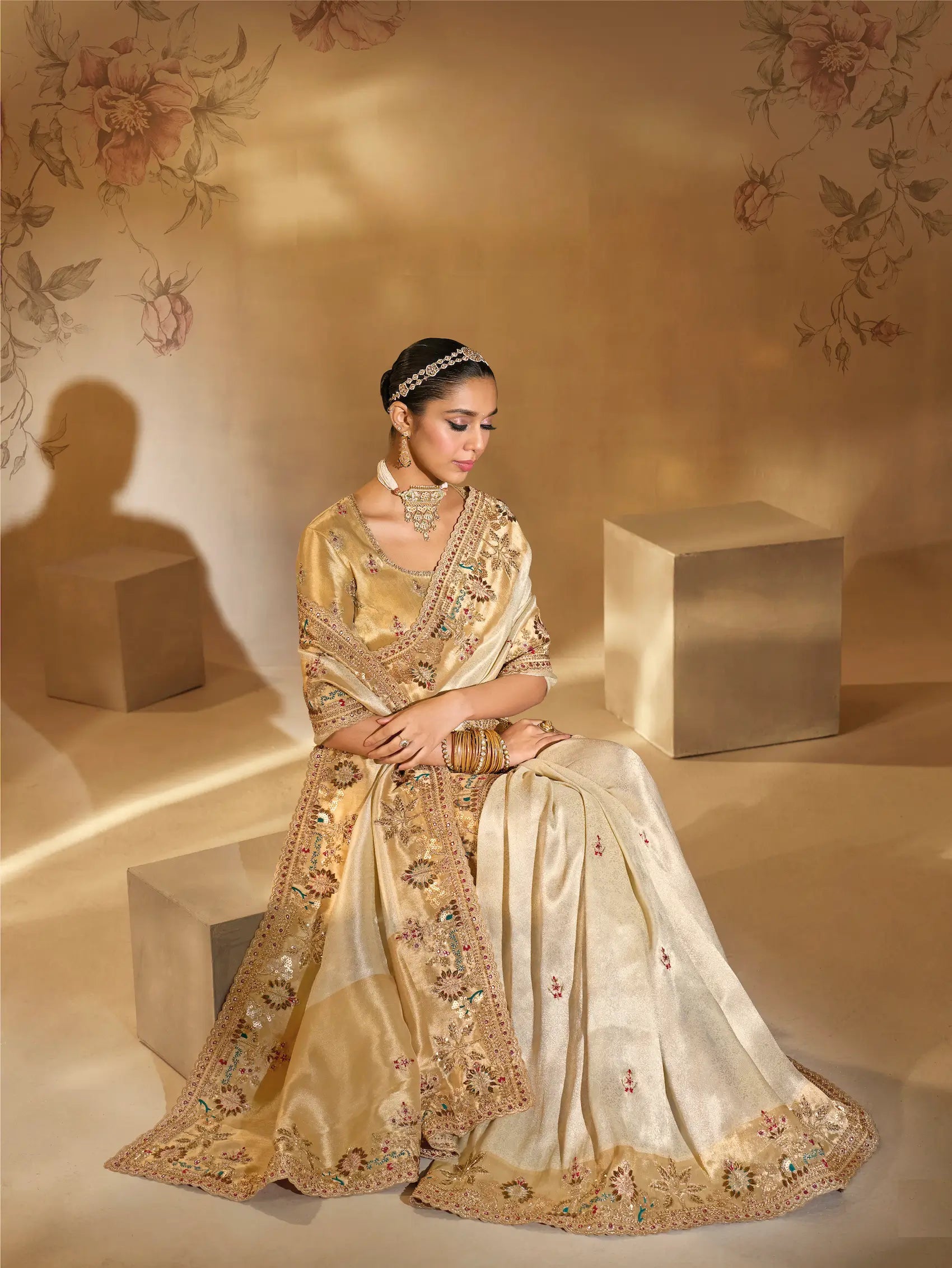 Almond Beige Silk Heavy Embroidery & Hand Work Saree - qivii