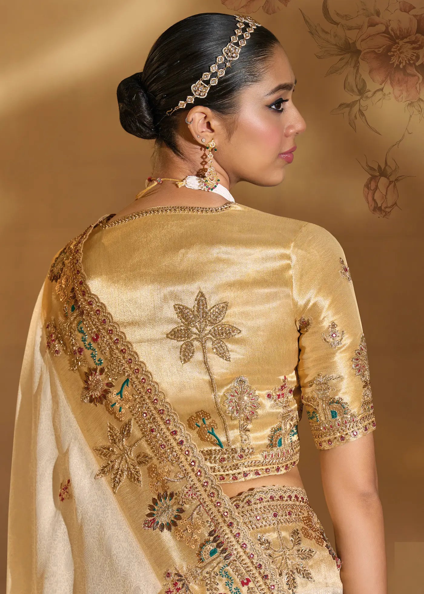 Almond Beige Silk Heavy Embroidery & Hand Work Saree - qivii