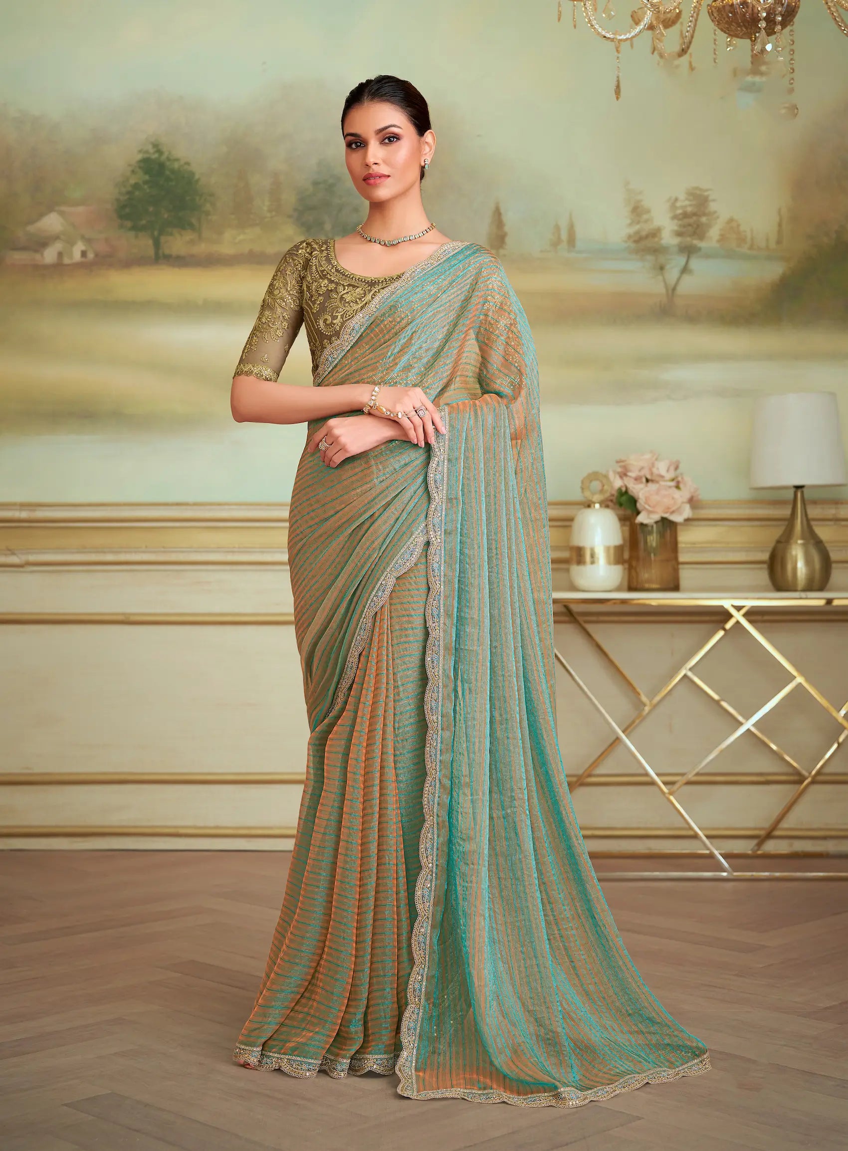 Golden Teal Pattern Georgette Embroidery Saree