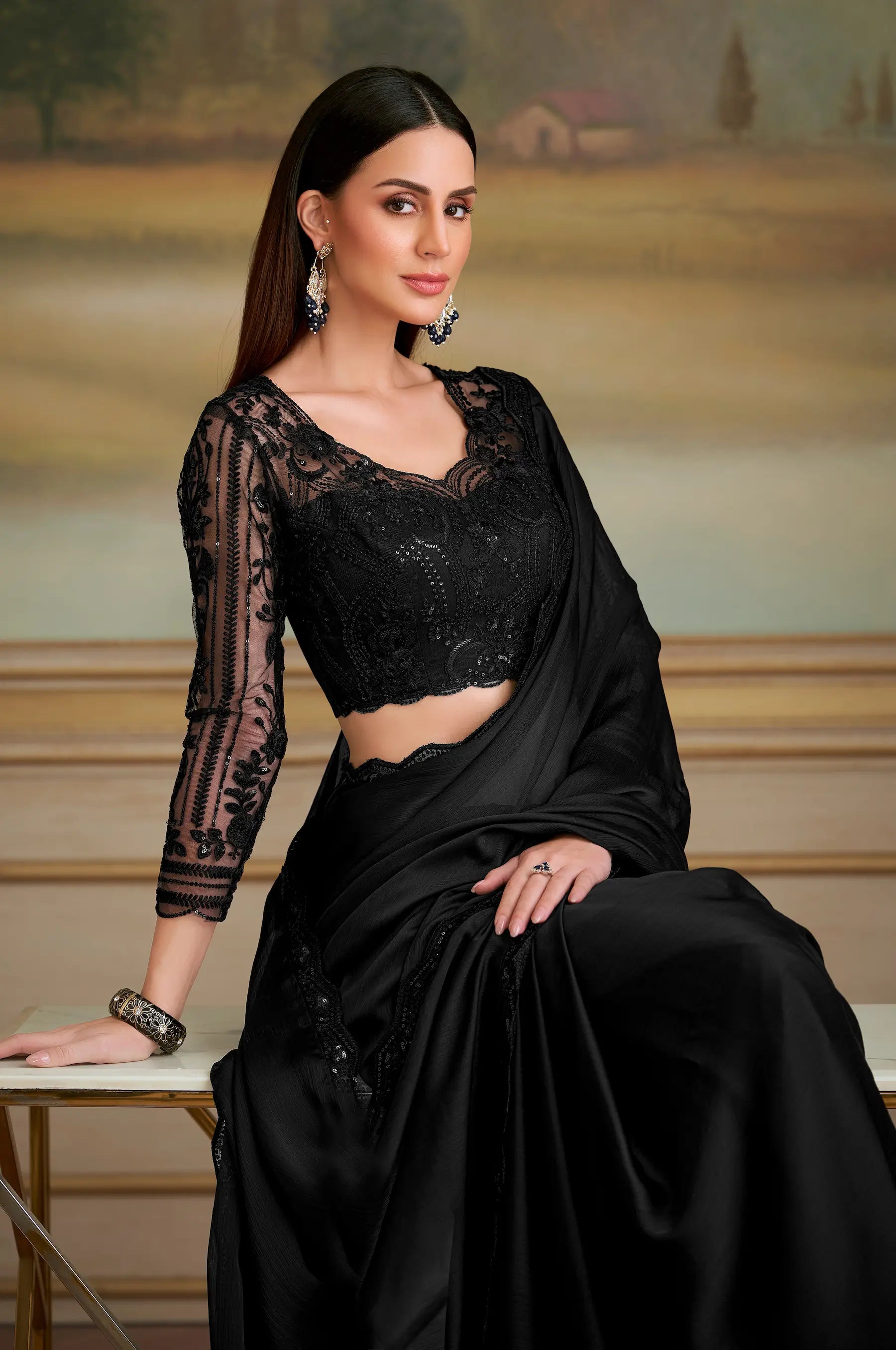 Jet Black Satin Chiffon Embroidery Saree