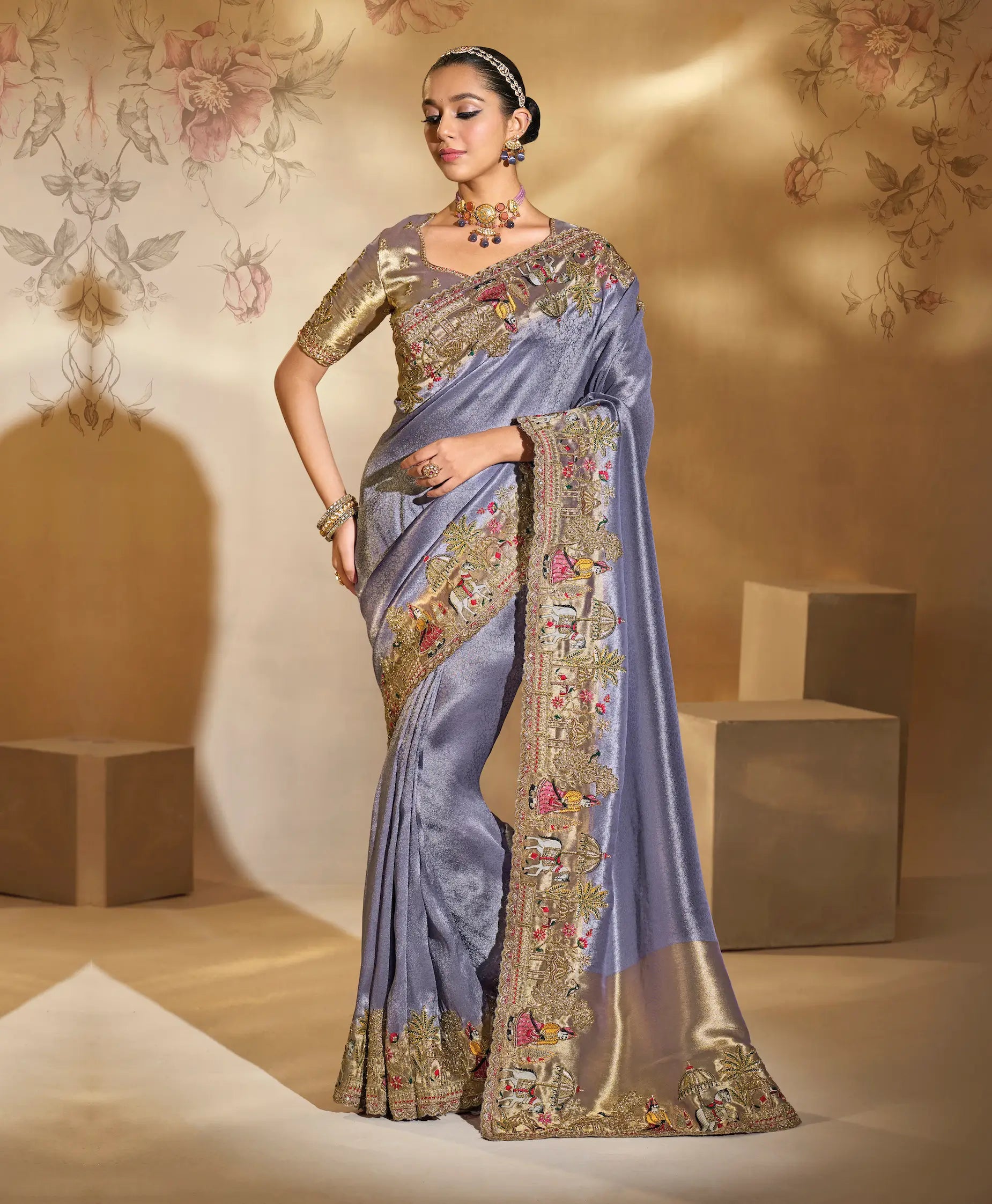 Lavender Silk Heavy Embroidery & Hand Work Saree - qivii