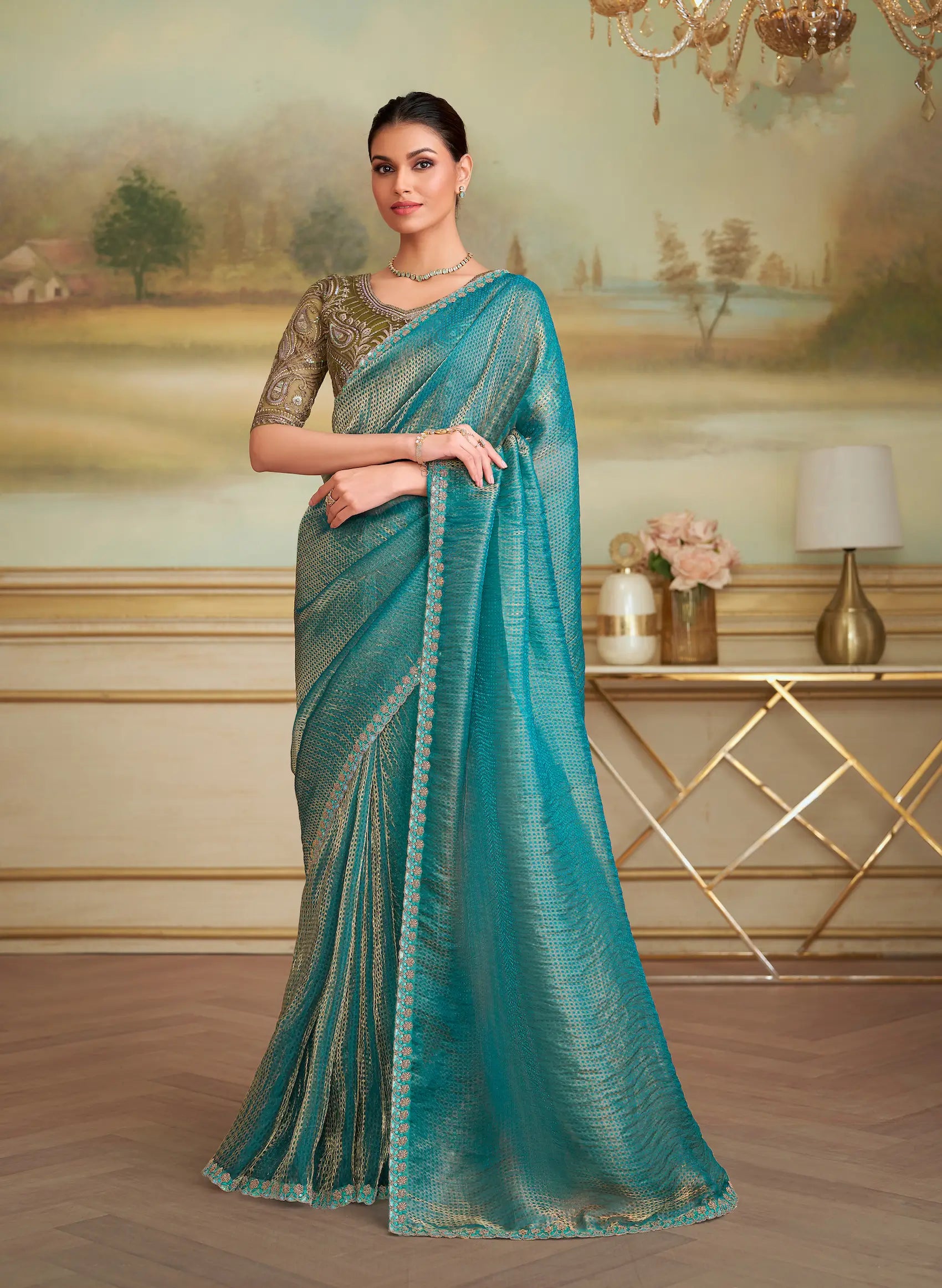 Teal Blue Checks Georgette Embroidery Saree