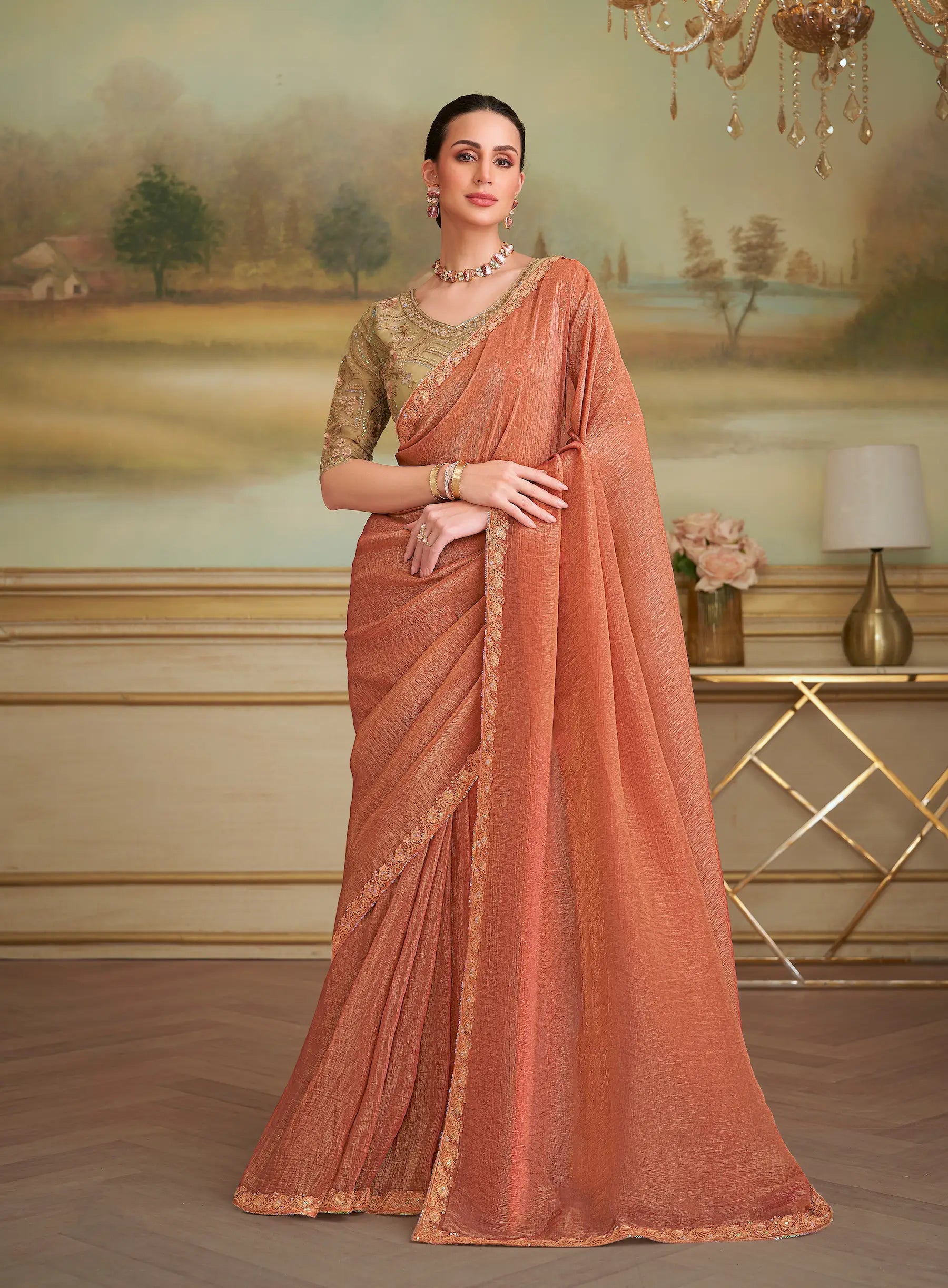 Sunrise Orange Golden Georgette Embroidery Saree