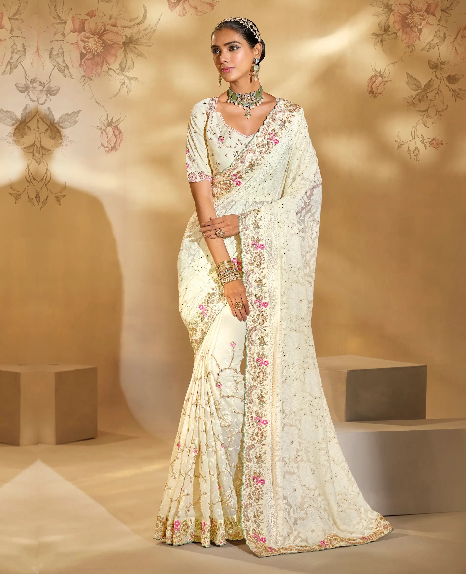 Off White Georgette Heavy Embroidery & Hand Work Saree - qivii