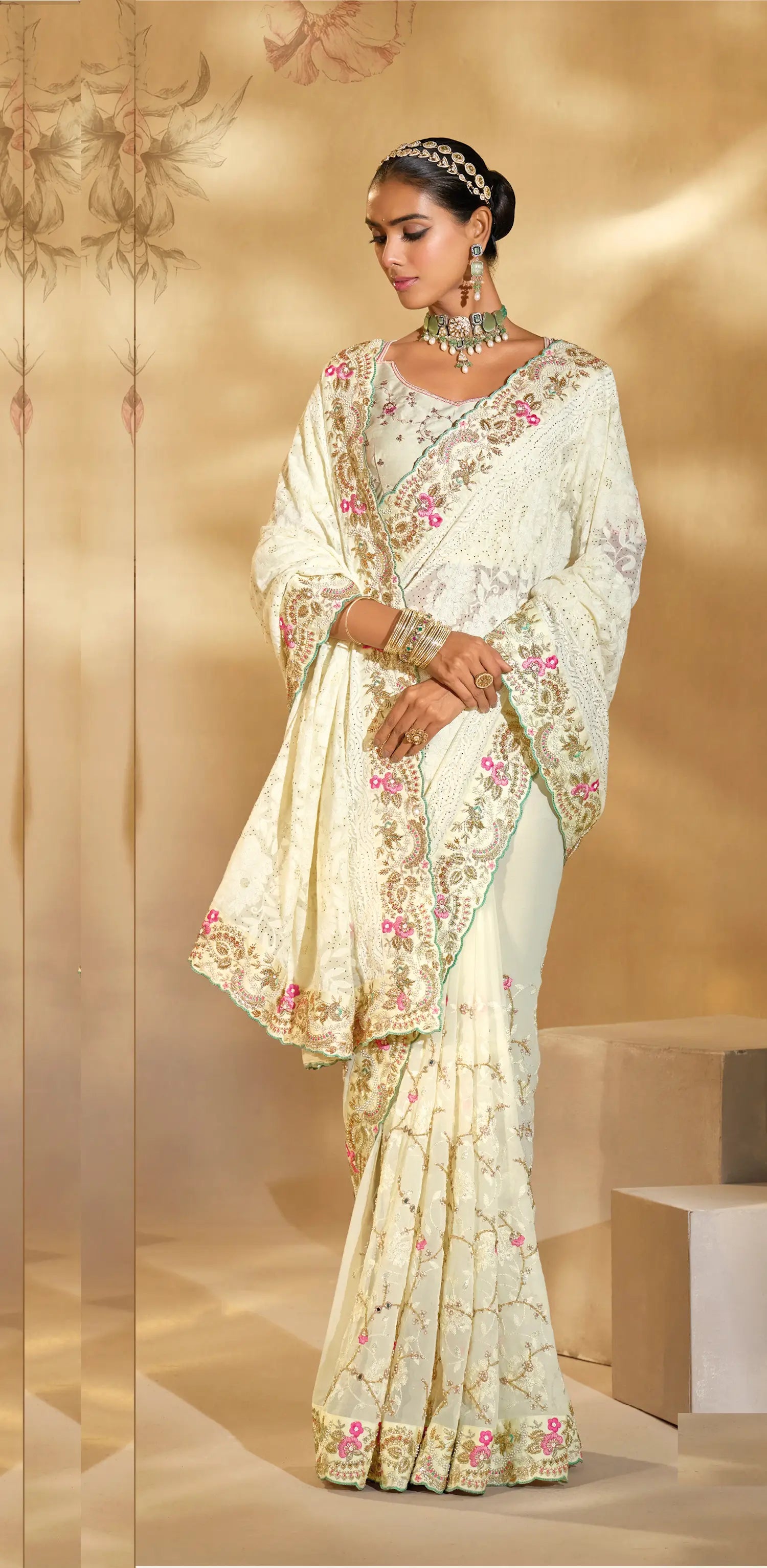 Off White Georgette Heavy Embroidery & Hand Work Saree - qivii