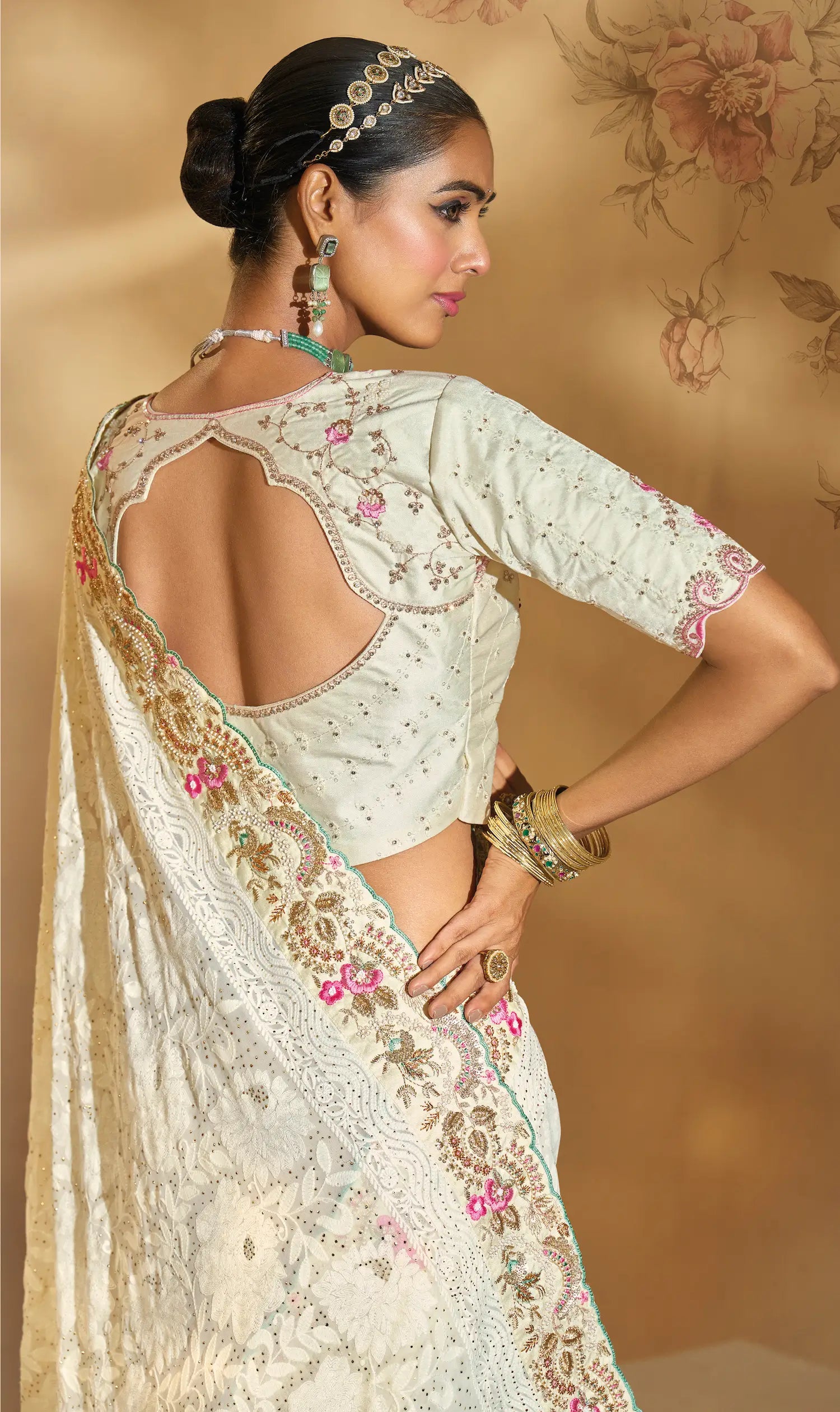 Off White Georgette Heavy Embroidery & Hand Work Saree - qivii