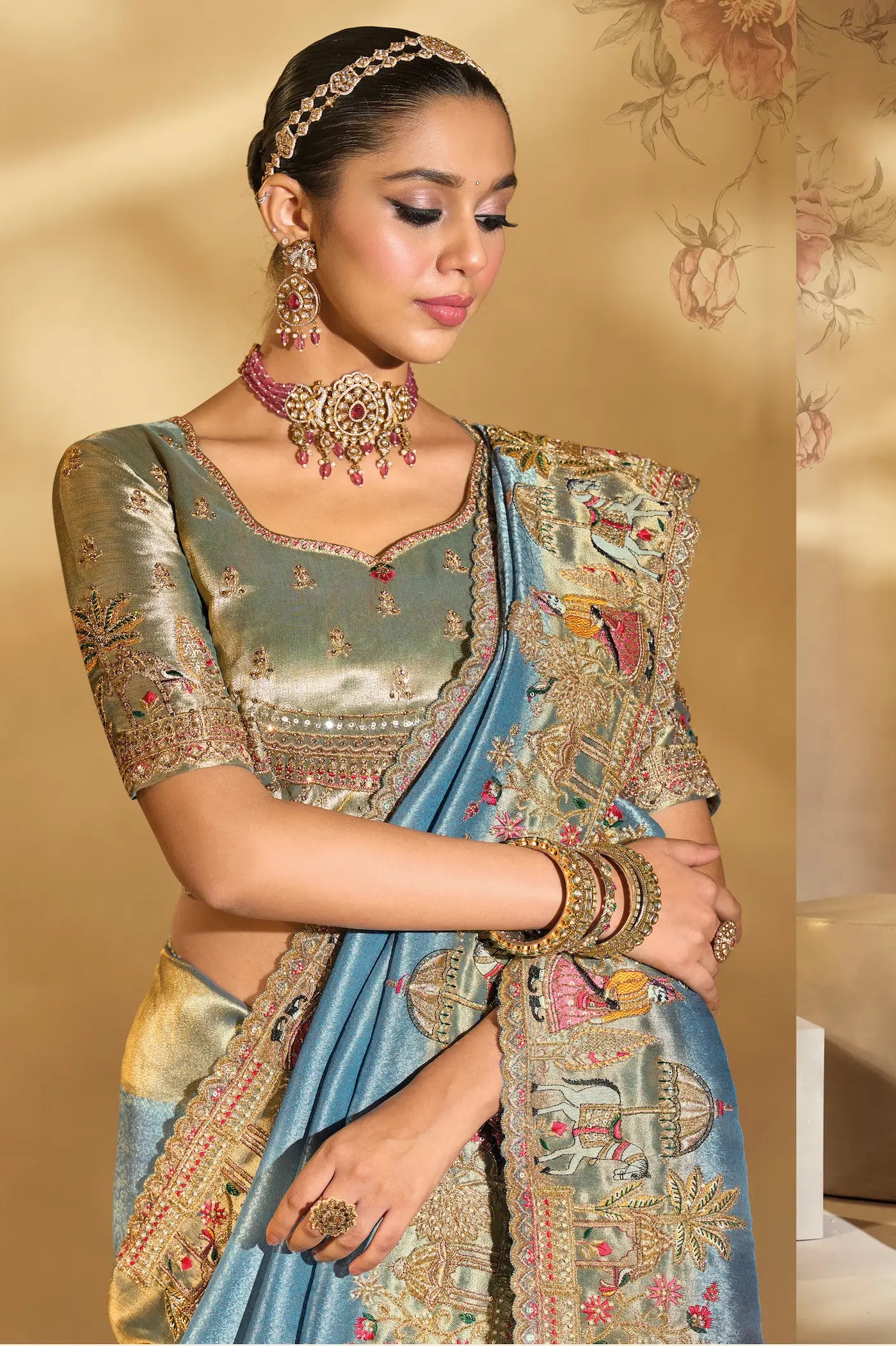 Teal Blue Silk Heavy Embroidery & Hand Work Saree - qivii