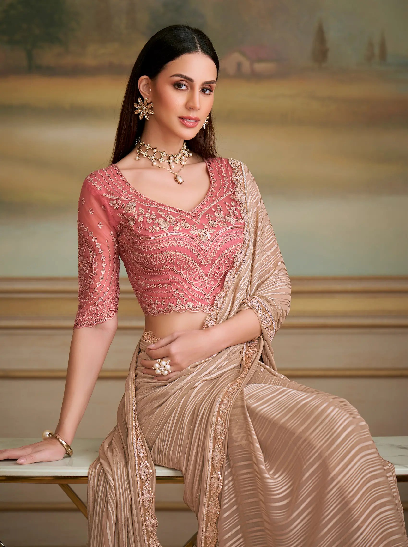 Dark Beige Pattern Georgette Embroidery Saree