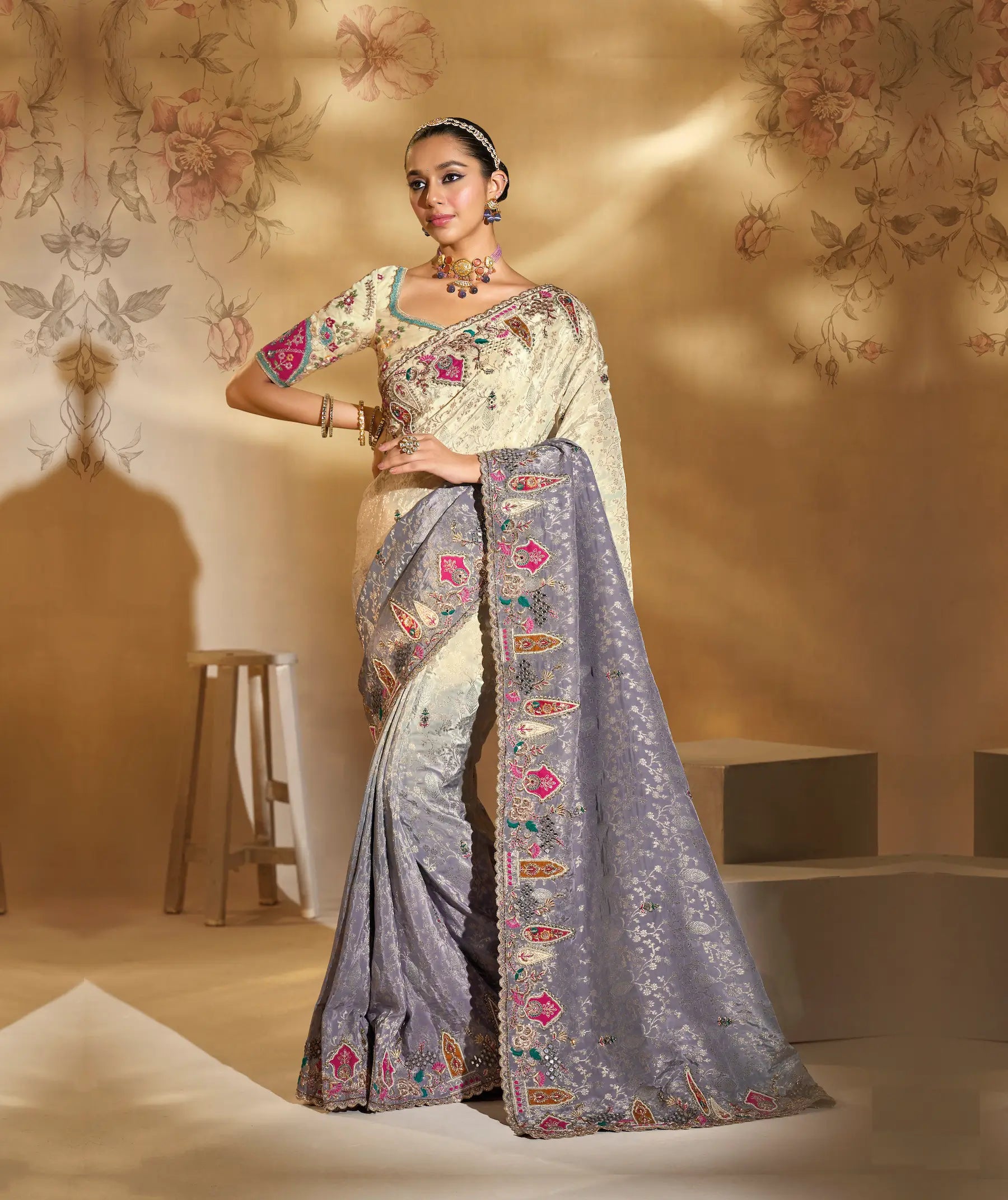 Beige-Grey Crepe Silk Heavy Embroidery & Hand Work Saree - qivii