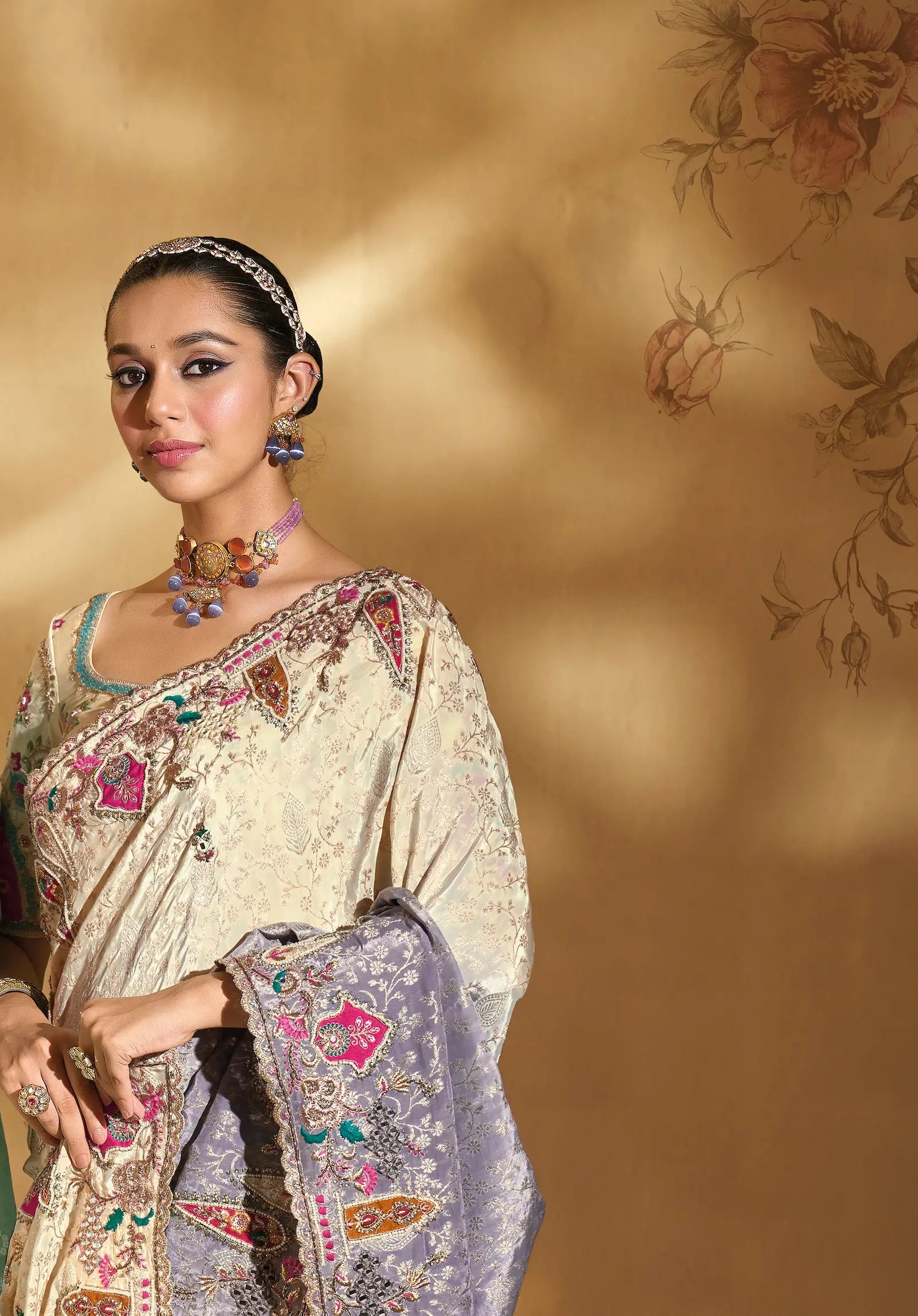 Beige-Grey Crepe Silk Heavy Embroidery & Hand Work Saree - qivii